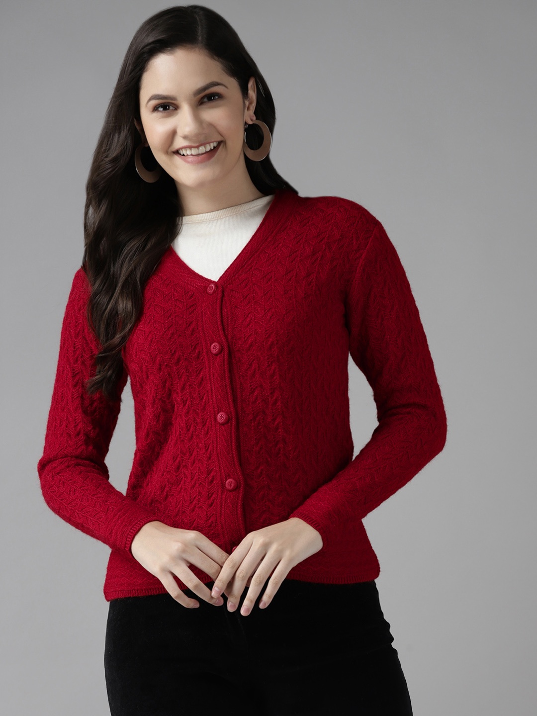 

Cayman Women Red Woollen Self Design Cardigan