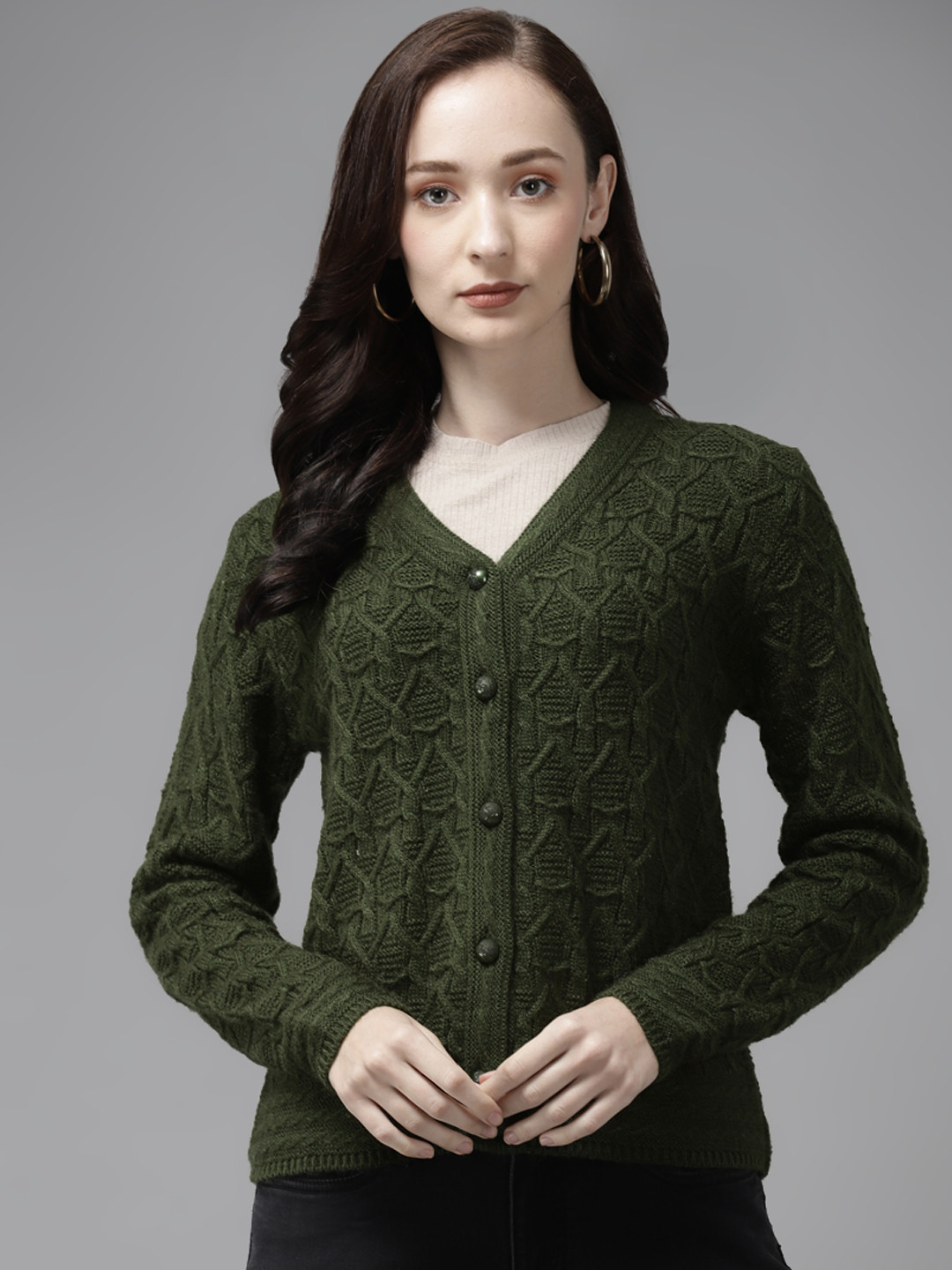 

Cayman Women Olive Green Self-Design Woollen Cardigan