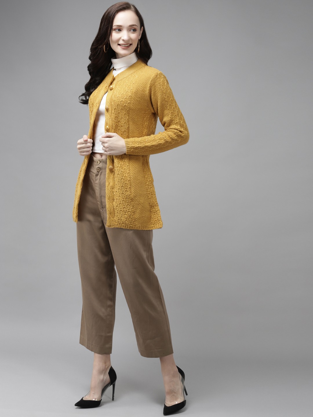 

Cayman Women Mustard Yellow Self Designed Cardigan Sweater