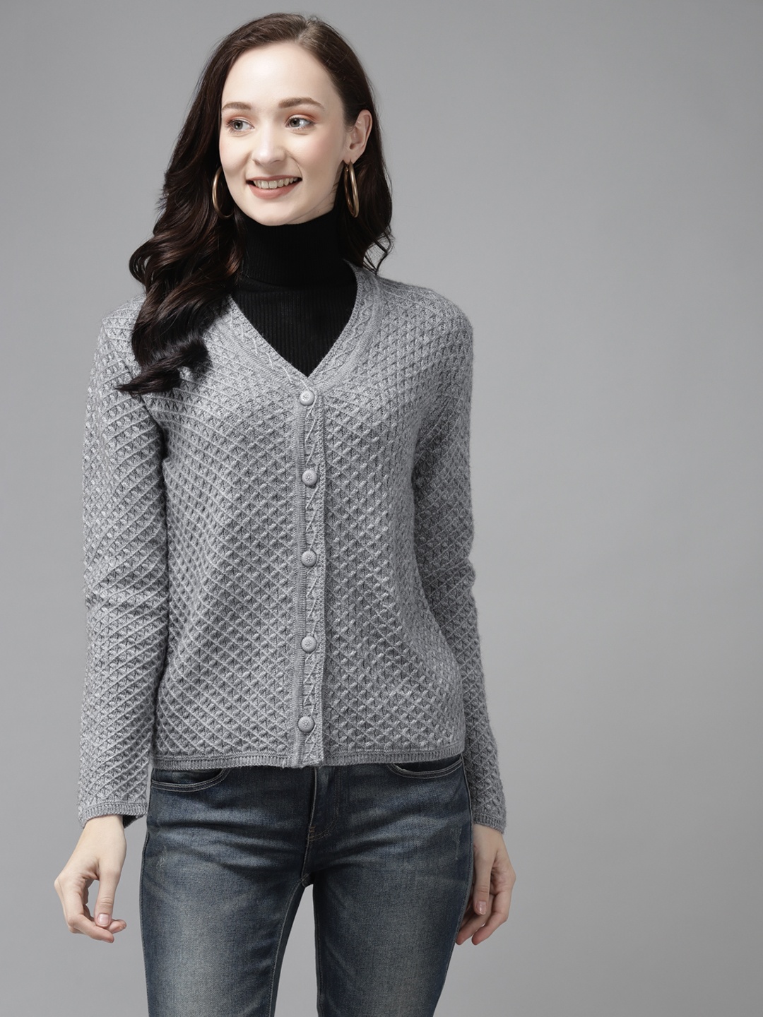 

Cayman Women Grey Melange Woollen Self Design Cardigan