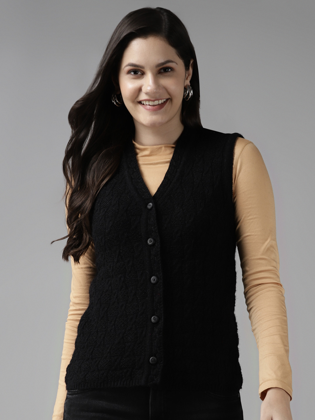 

Cayman Women Black Self-Design Woollen Sweater Vest