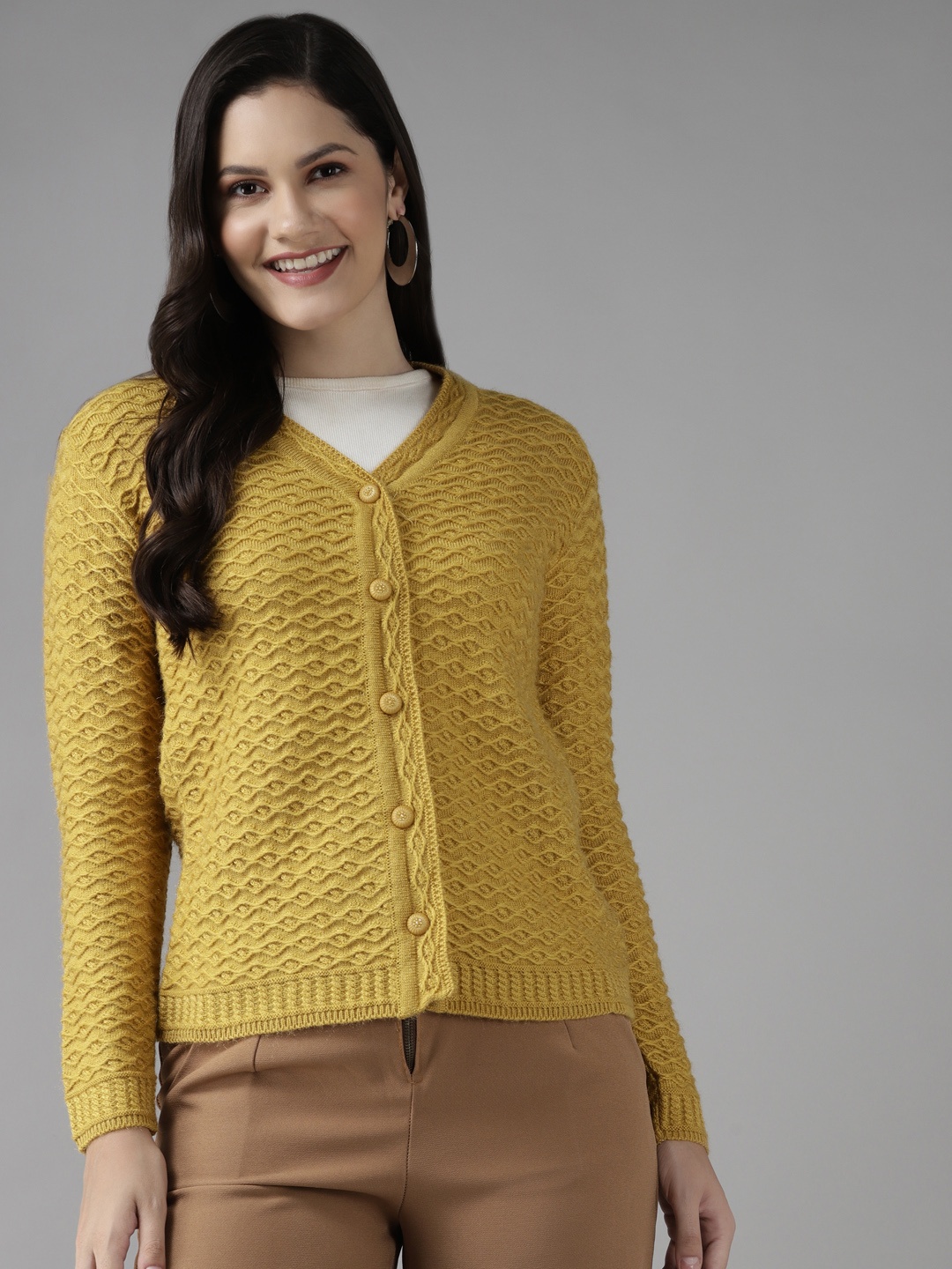 

Cayman Women Mustard Yellow Woollen Self Design Cardigan