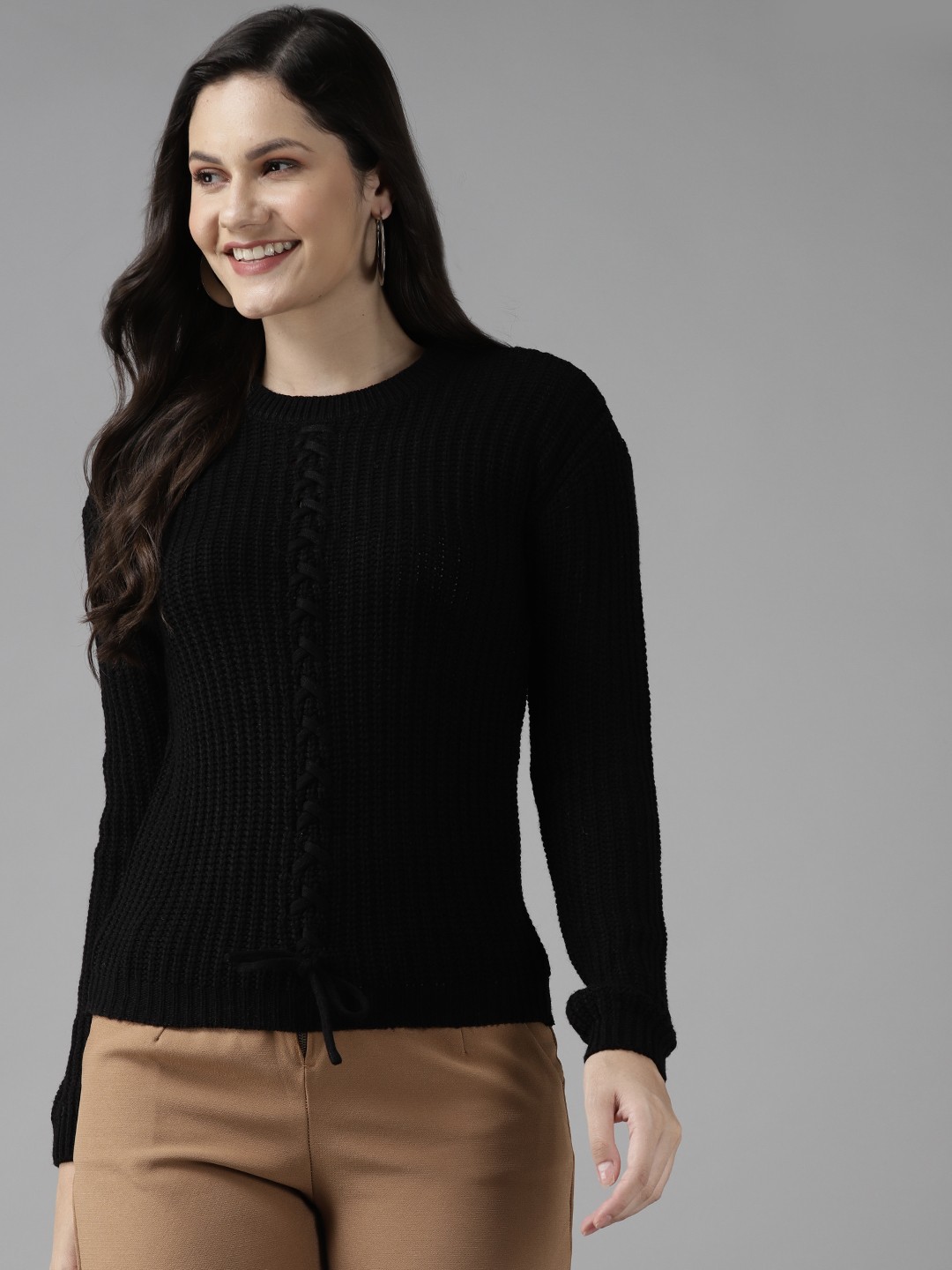

Cayman Women Black Self Designed Striped Pullover Sweater