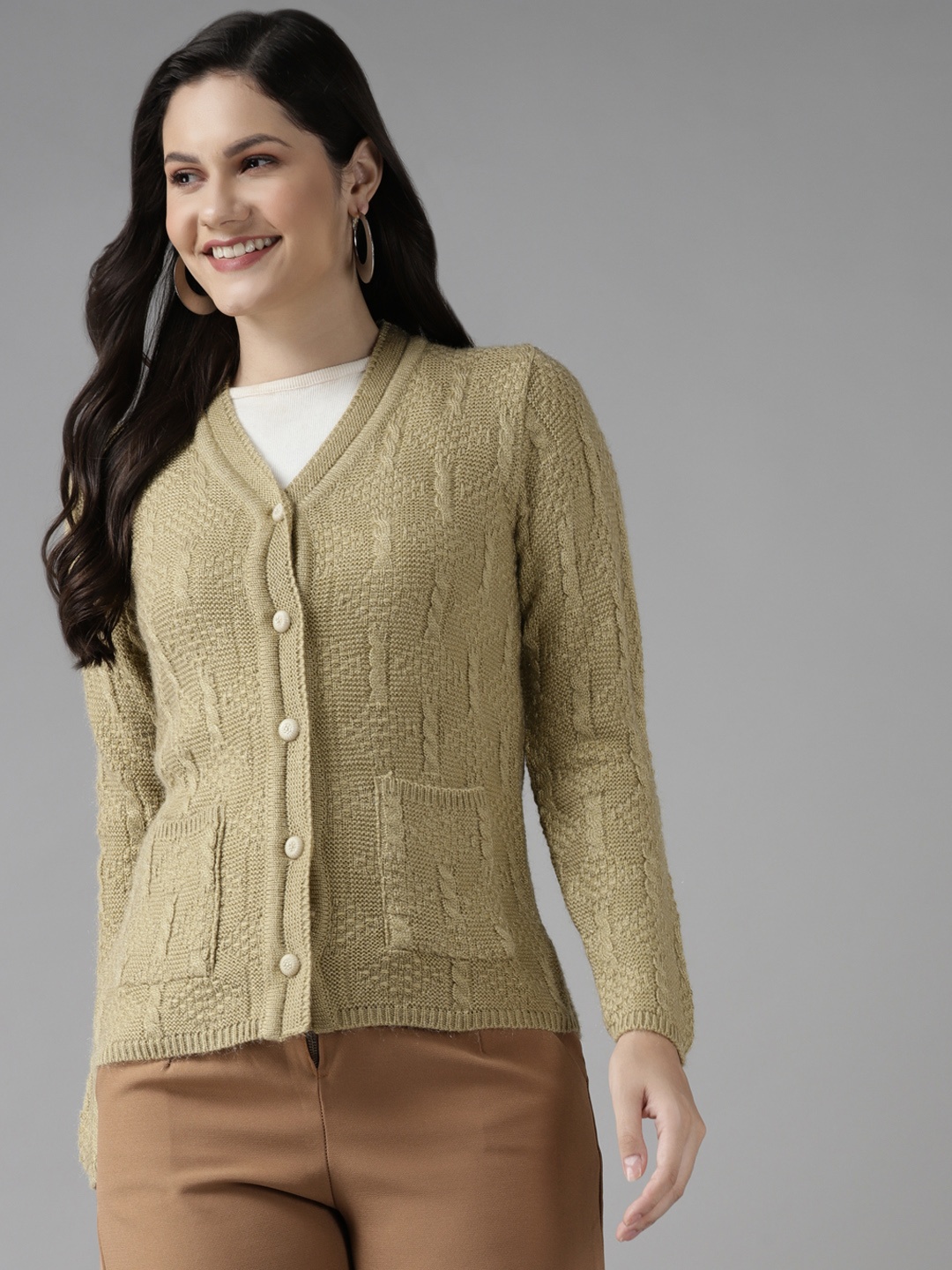 

Cayman Women Beige Woollen Self Design Cardigan