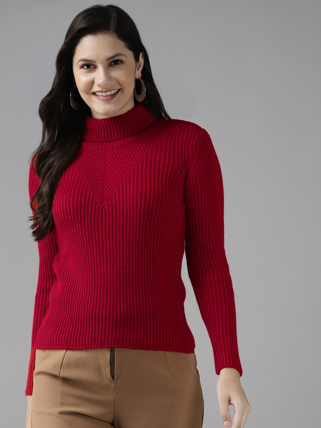 

Cayman Women Red Woollen Chevron Ribbed Pullover