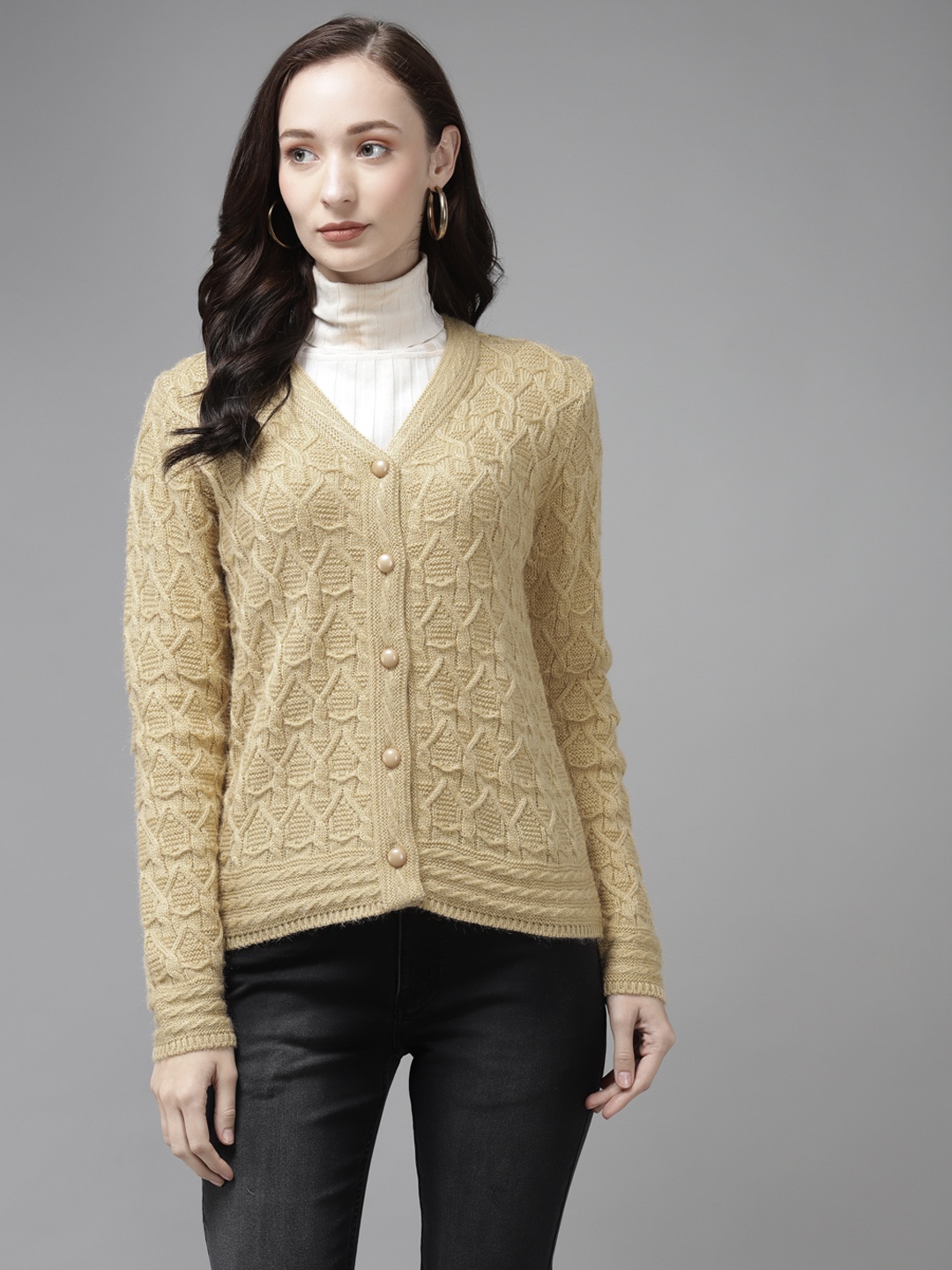 

Cayman Women Beige Self Design Cardigan