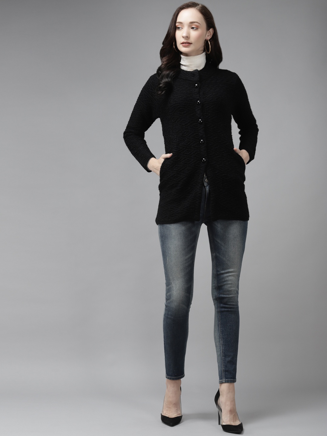 

Cayman Women Black Self Designed Cardigan Sweater