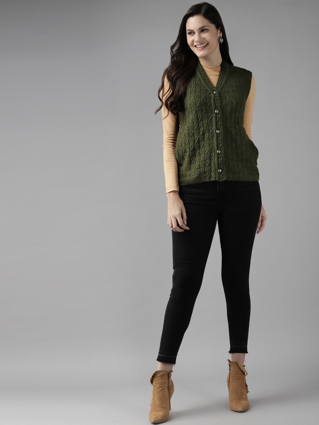 

Cayman Women Olive Green Woven Design Cardigan