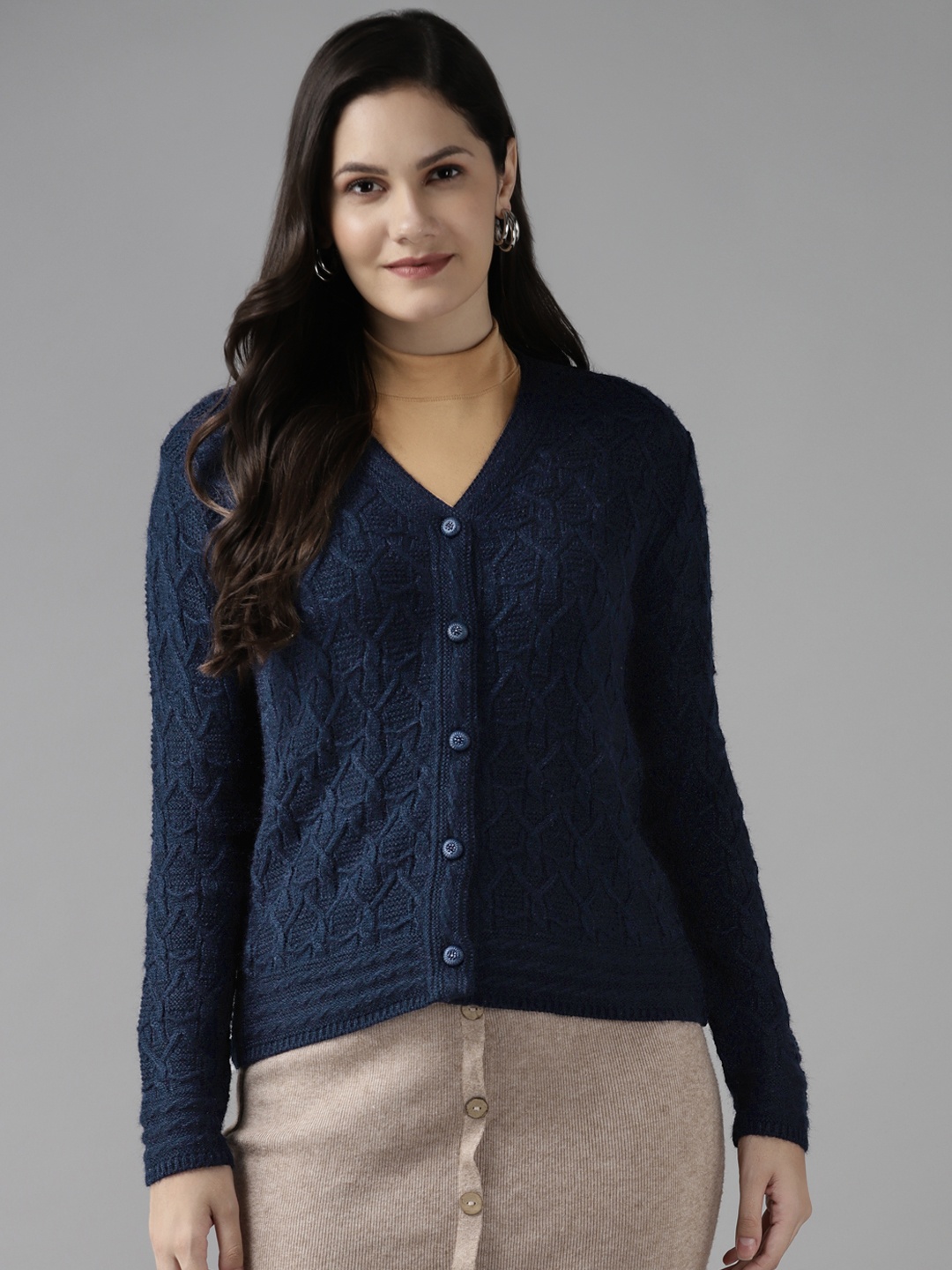 

Cayman Women Navy Blue Self-Design Woollen Cardigan