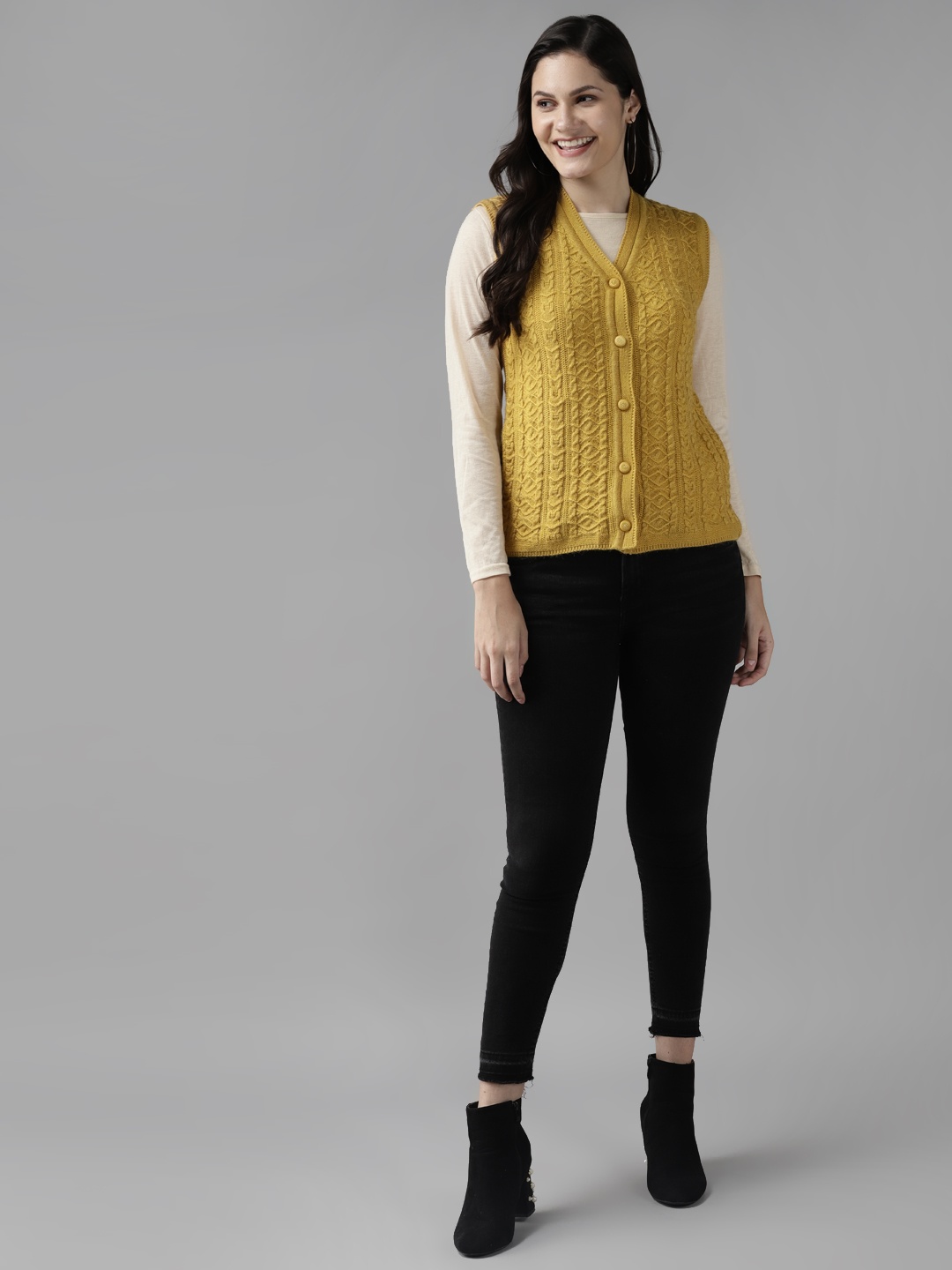 

Cayman Women Mustard Yellow Cable Knit Cardigan