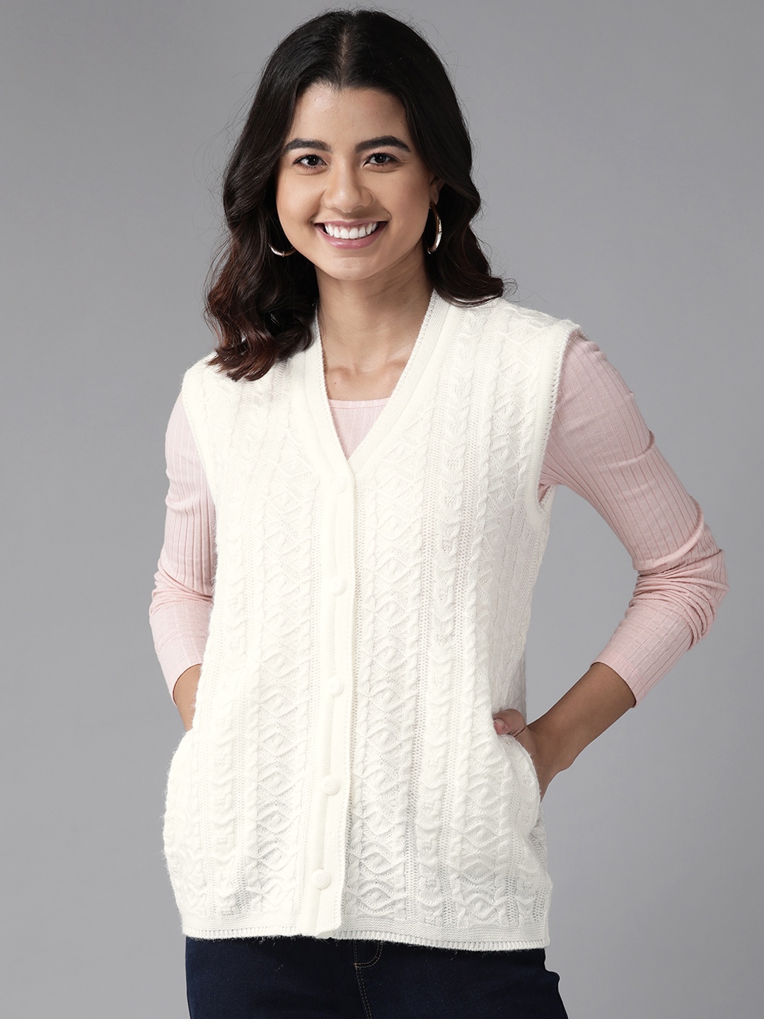 

Cayman Women Off White Cable Knit Woollen Cardigan