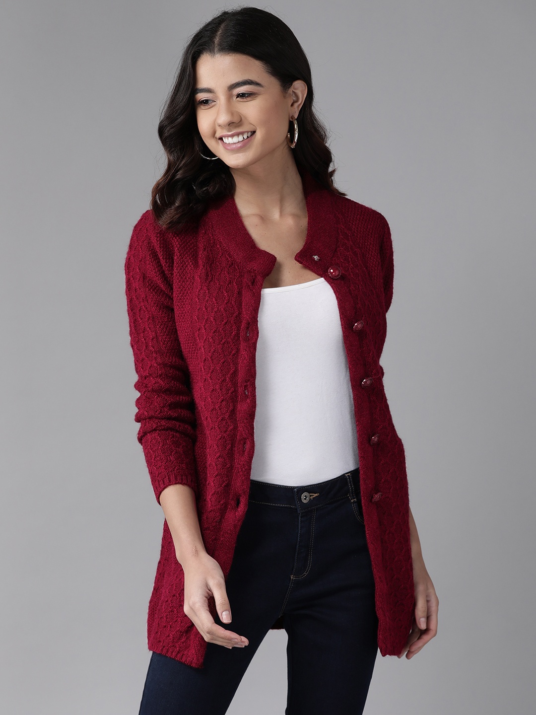 

Cayman Women Maroon Woollen Cable Knit Longline Cardigan