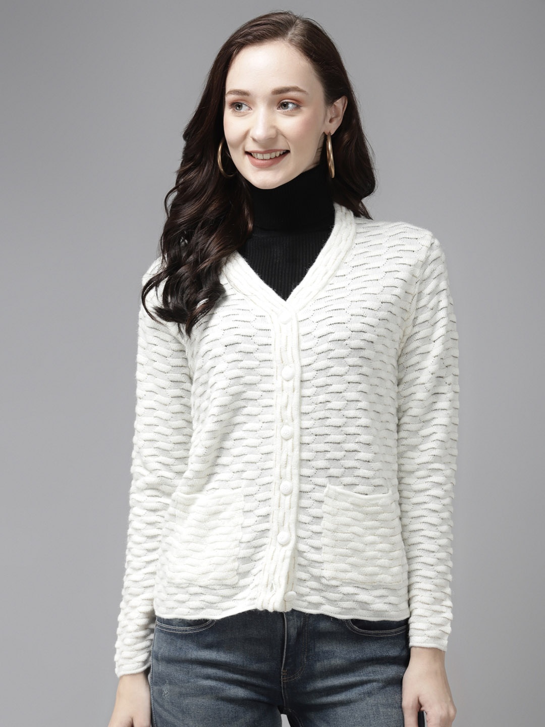 

Cayman Women Off White Woollen Self Design Cardigan