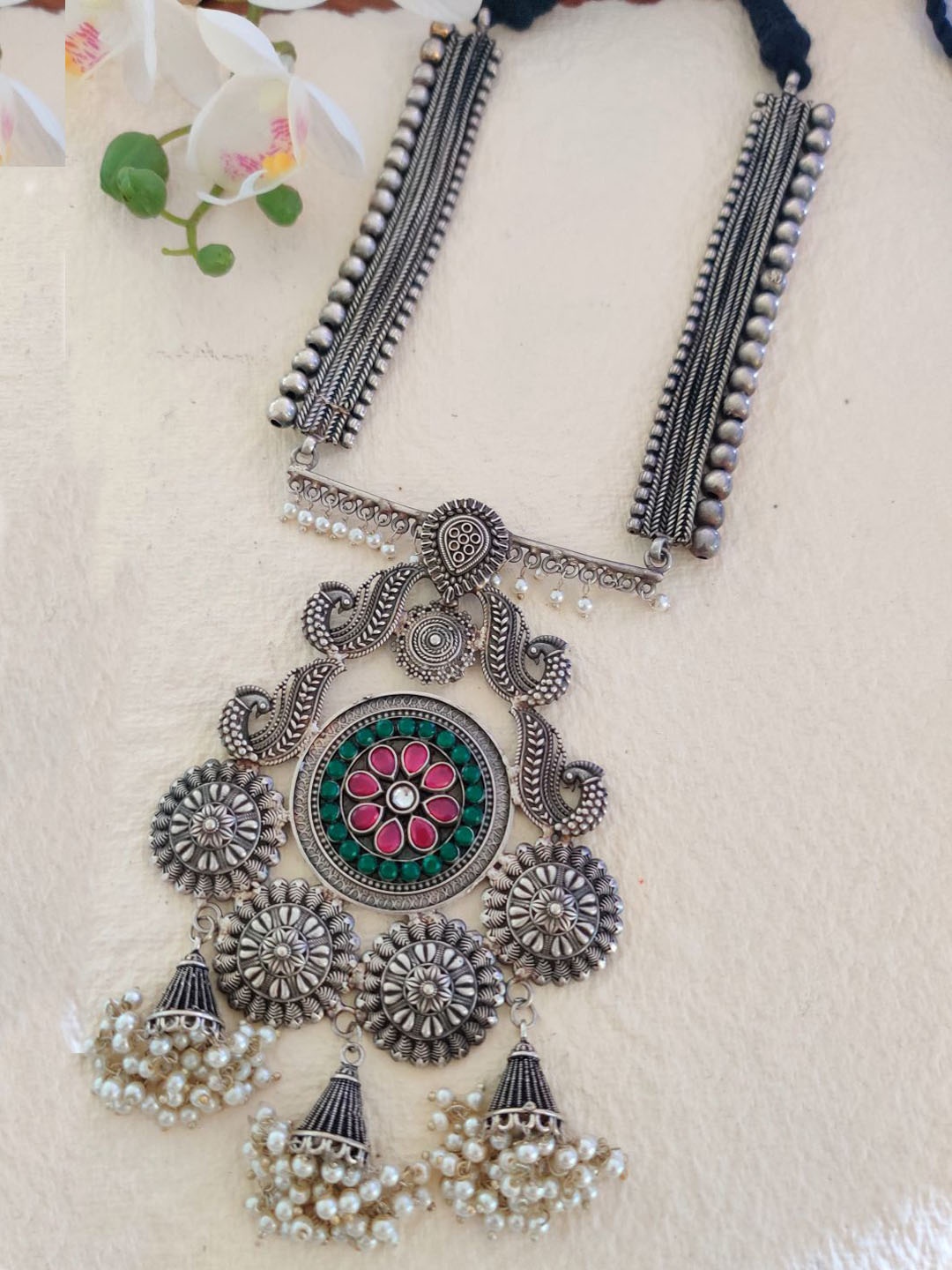 

Binnis Wardrobe Women Silver & Maroon Kundan Oxidised Jewellery Set