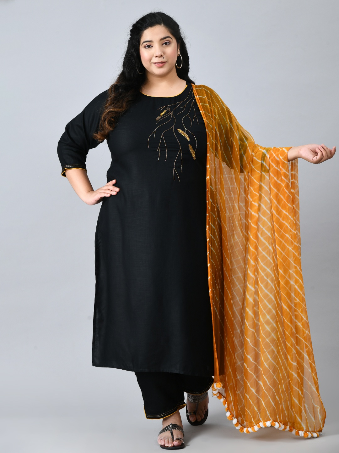 

DesiNoor com Women Black & Orange Embellished Kurta with Trousers & Dupatta