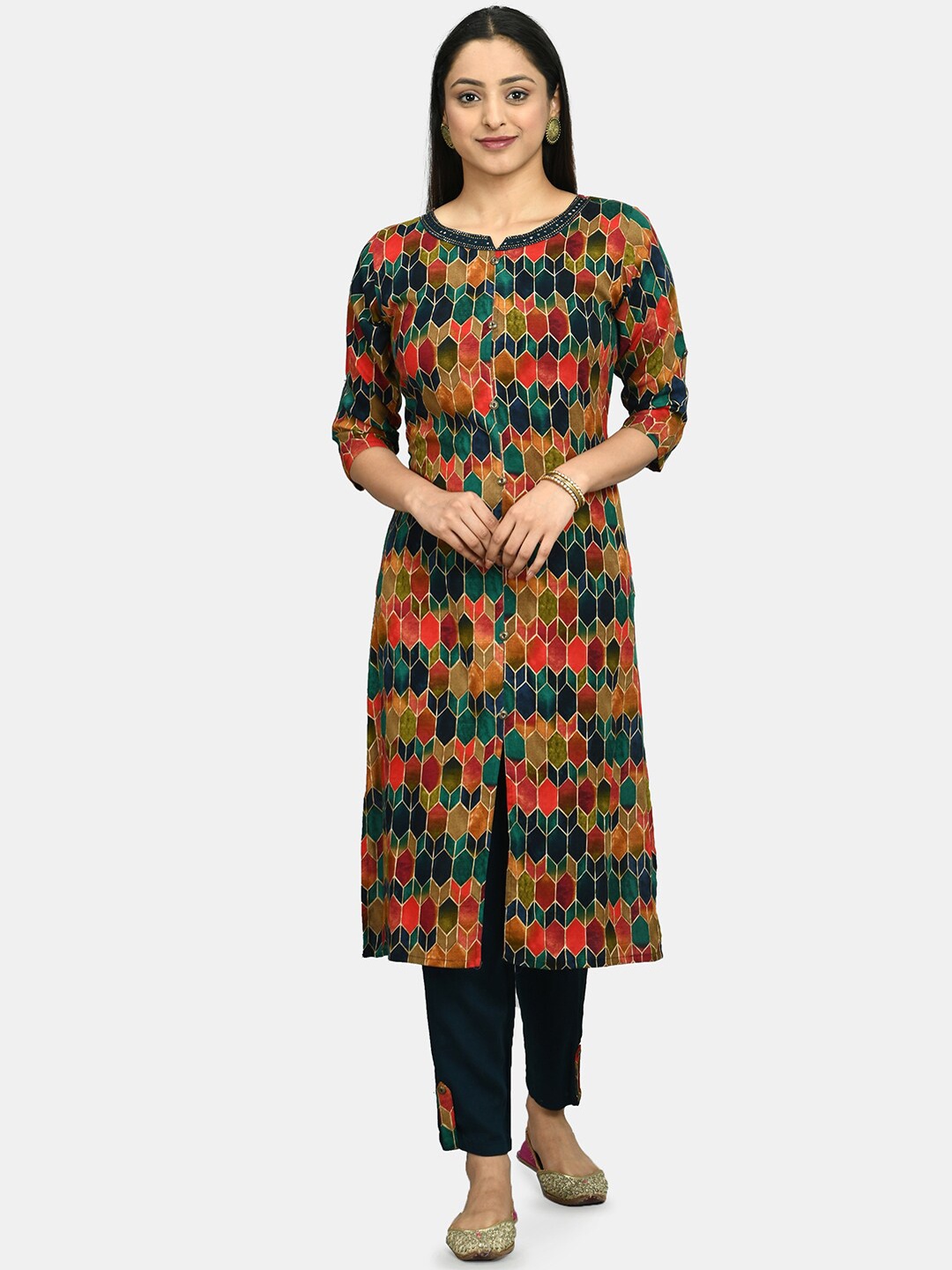 

DesiNoor com Women Multicoloured Printed Kurta with Trousers, Multi