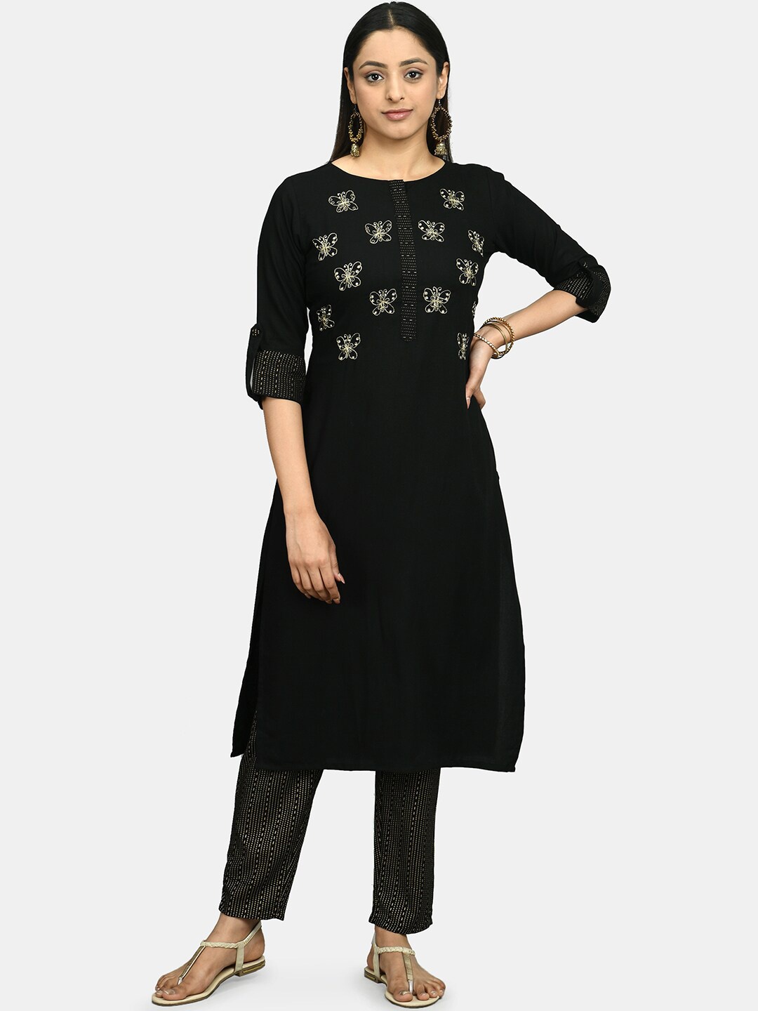

DesiNoor com Women Black Floral Yoke Design Regular Kurta with Trousers & Dupatta
