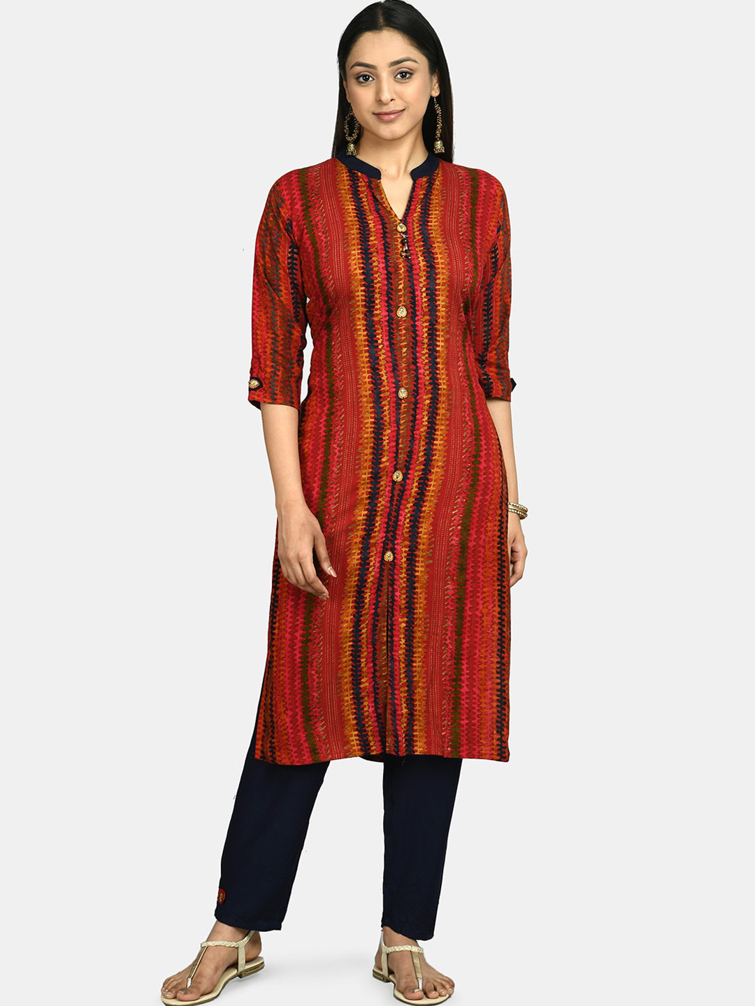 

DesiNoor com Women Red Striped Regular Kurta with Trousers