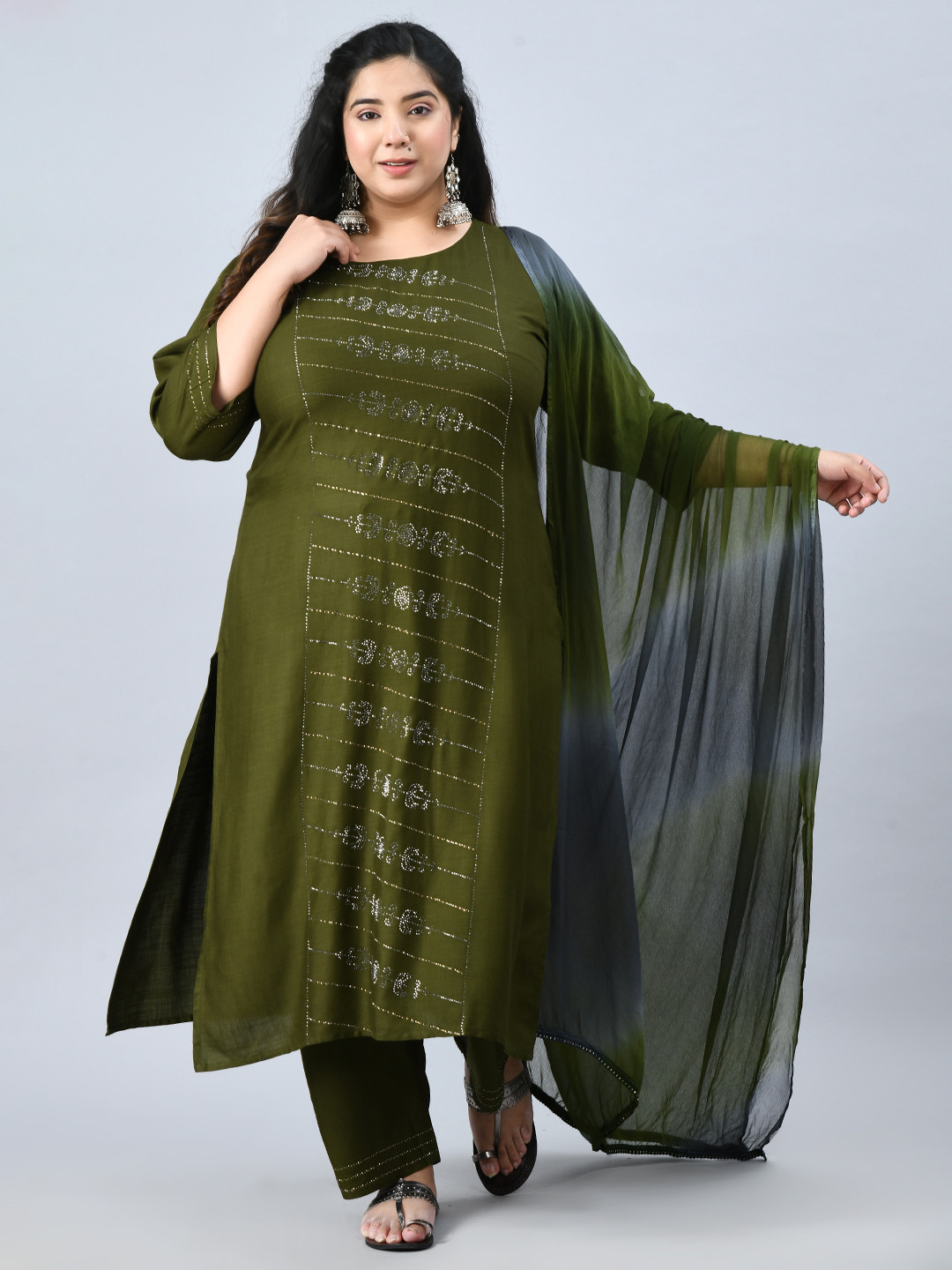 

DesiNoor com Women Olive Green Ethnic Motifs Panelled Kurti with Trousers & Dupatta