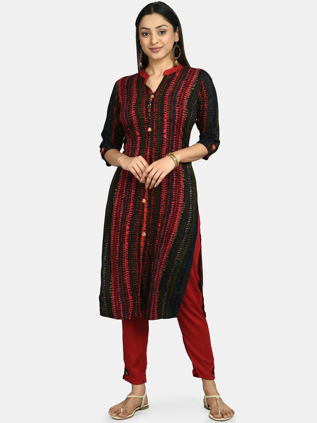 

DesiNoor com Women Red Printed Kurta with Trousers