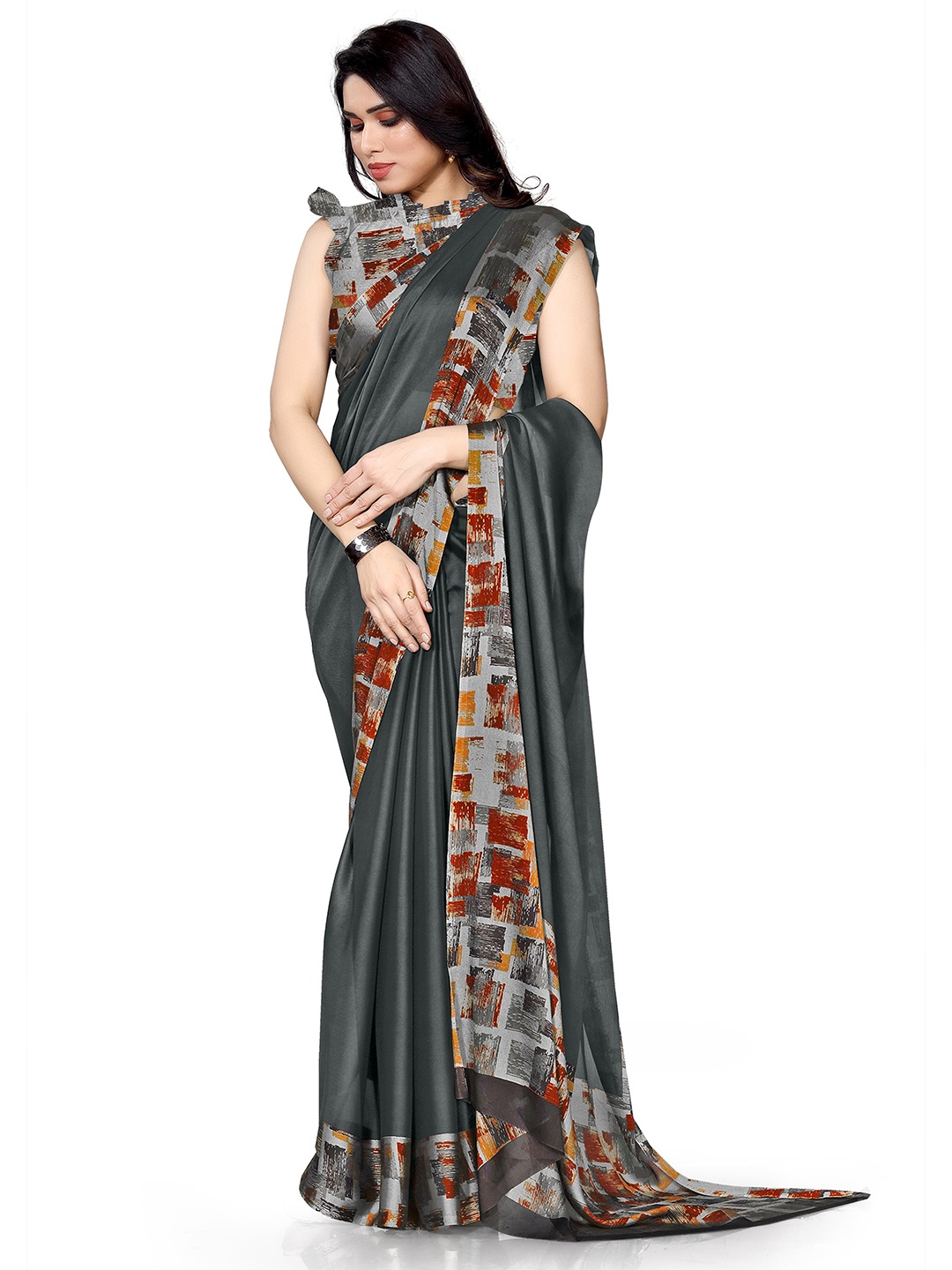 

KALINI Grey & Red Block Print Saree