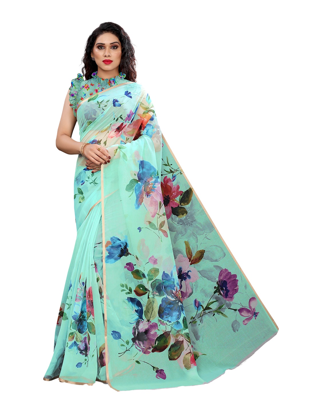 

MIRCHI FASHION Sea Green Floral Organza Bagh Saree