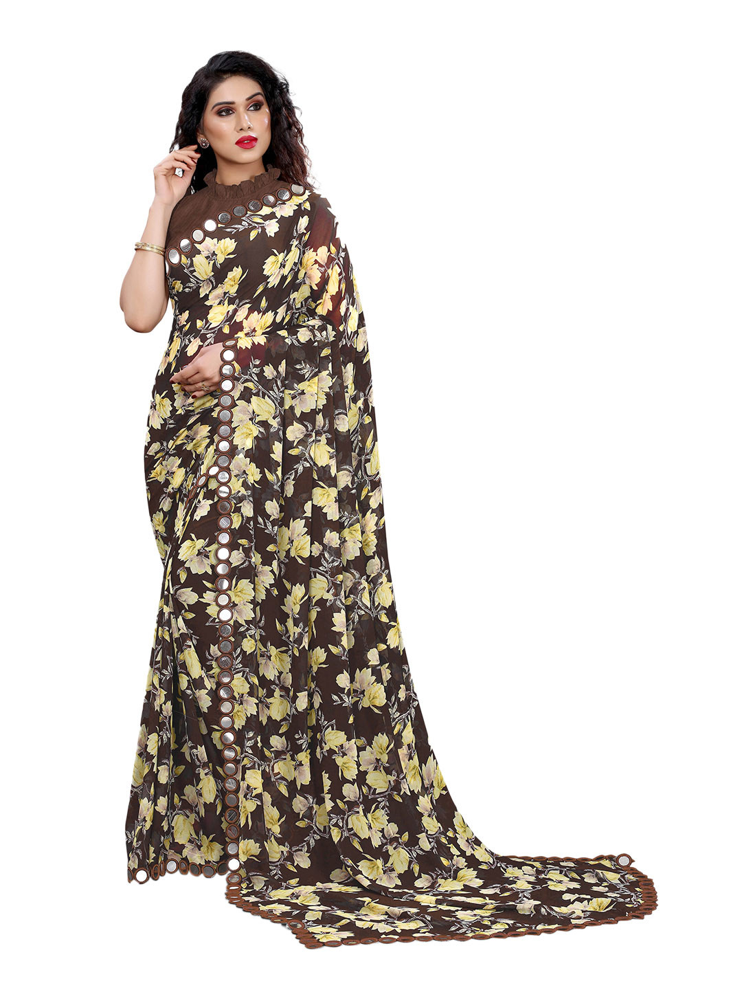 

Mirchi Fashion Brown & Yellow Floral Mirror Work Bagh Saree