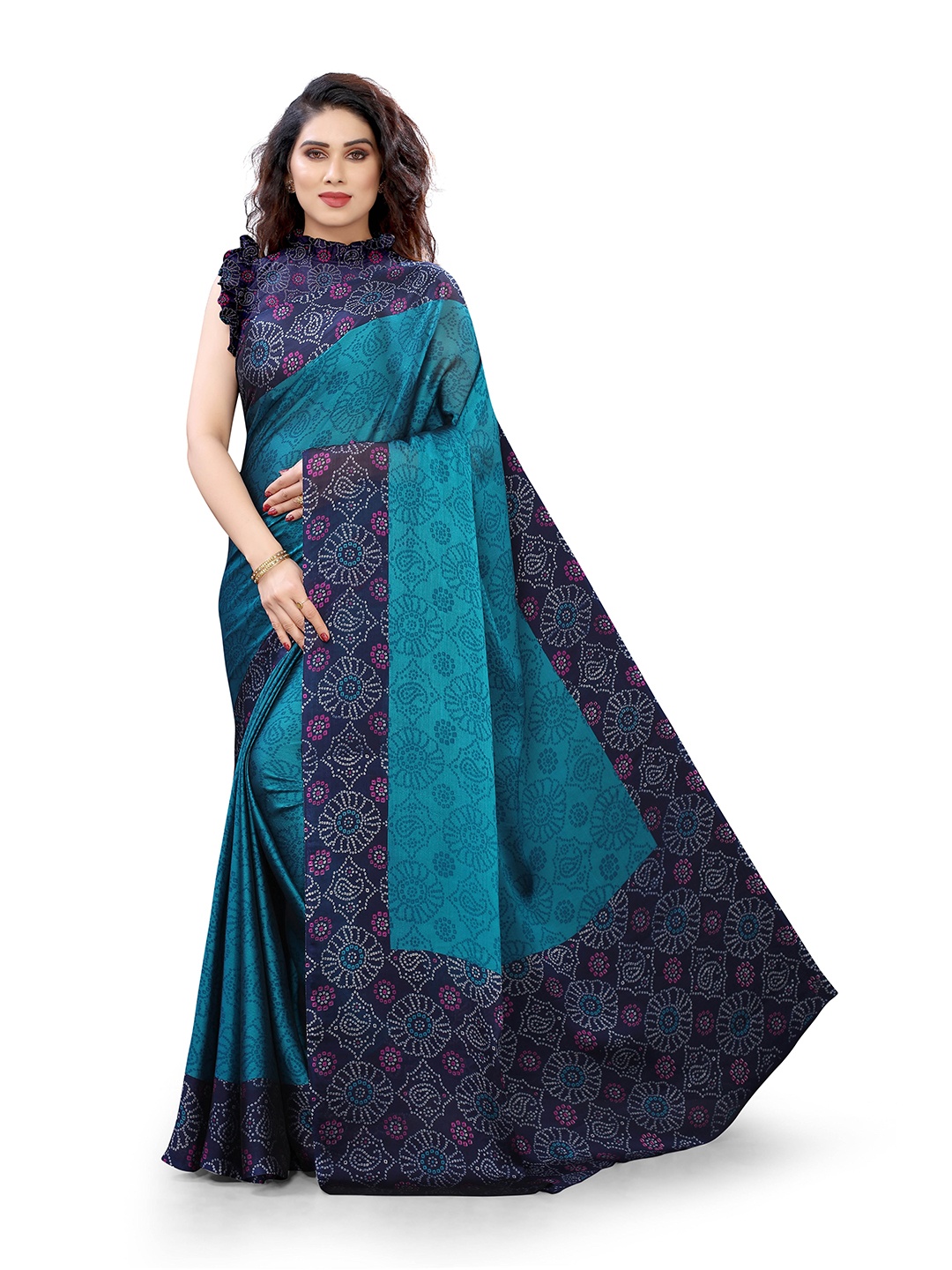 

KALINI Turquoise Blue & Navy Blue Ethnic Motifs Saree