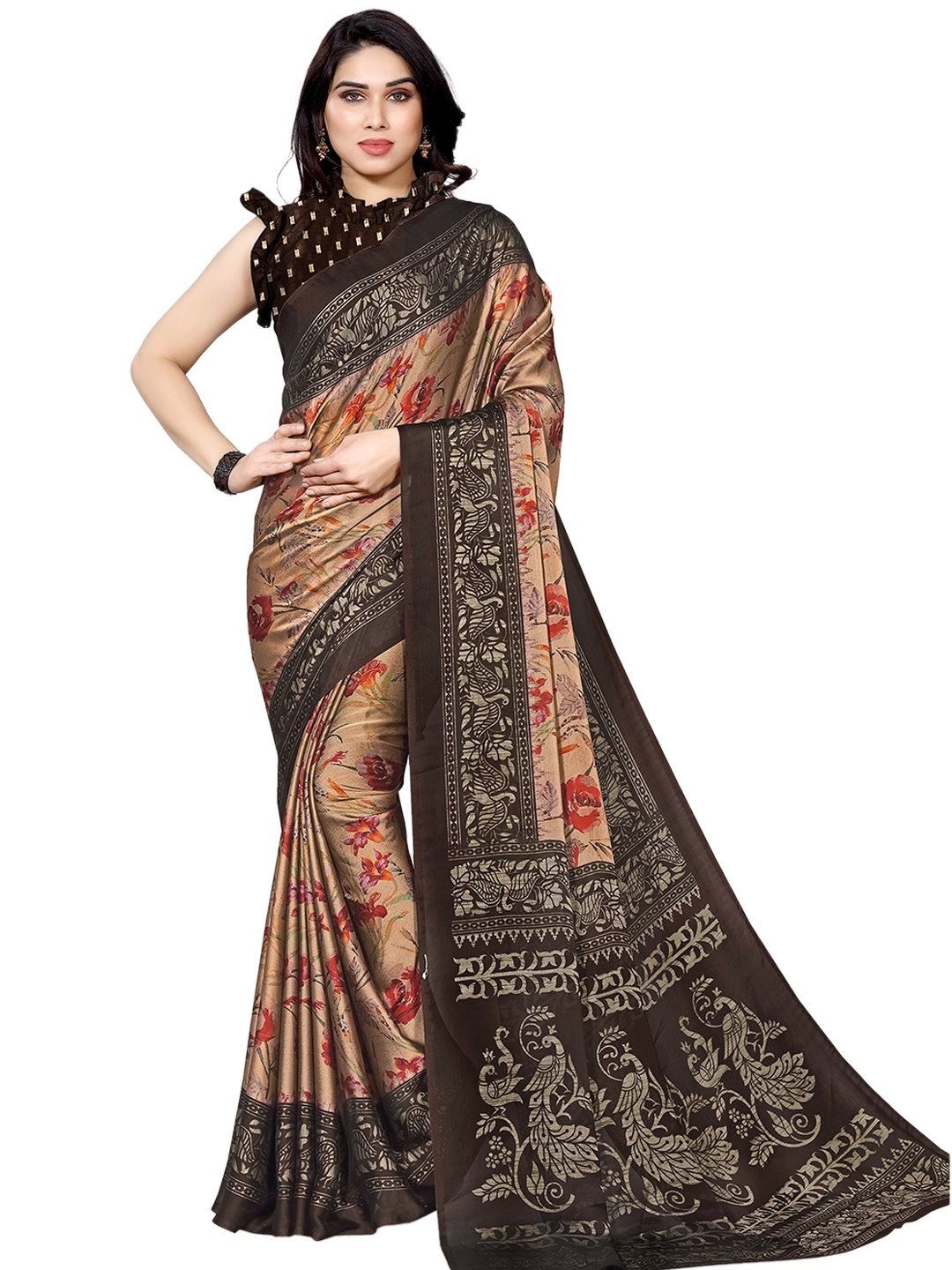 

KALINI Peach-Coloured & Brown Floral Bagh Saree