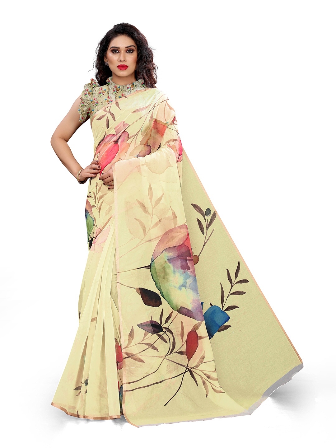 

MIRCHI FASHION Cream-Coloured & Pink Floral Organza Bagh Saree