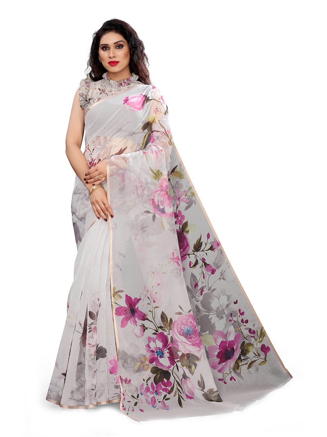 

KALINI Grey & Pink Floral Organza Bagh Saree