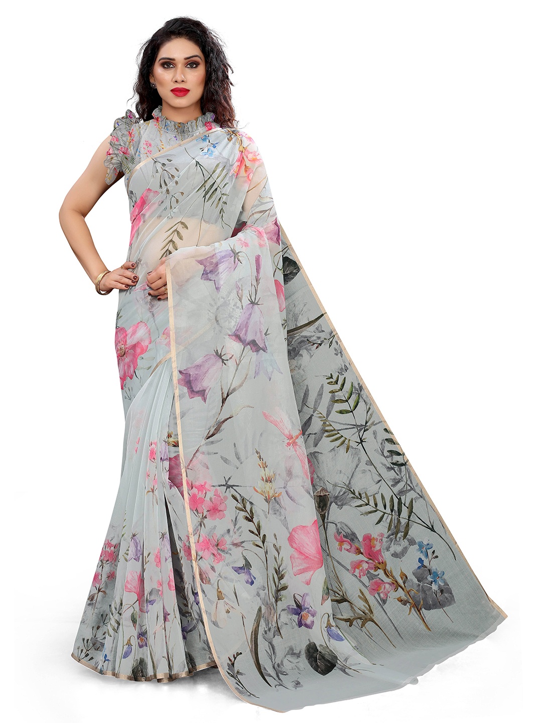 

KALINI Grey Floral Organza Bagh Saree