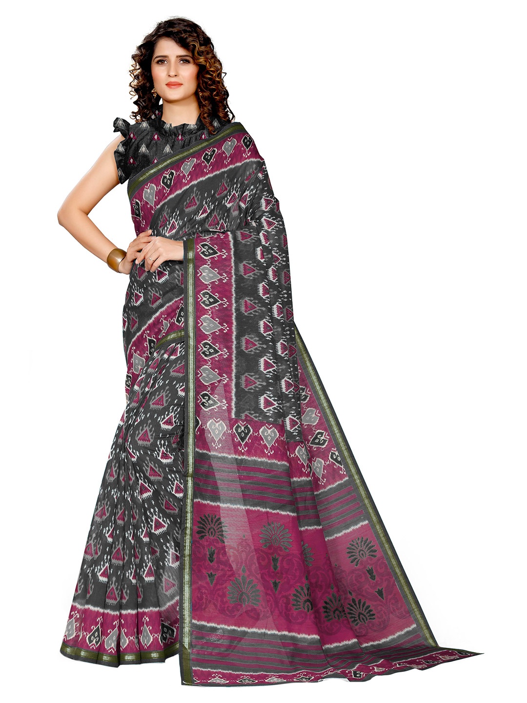 

KALINI Grey & Pink Polycotton Saree