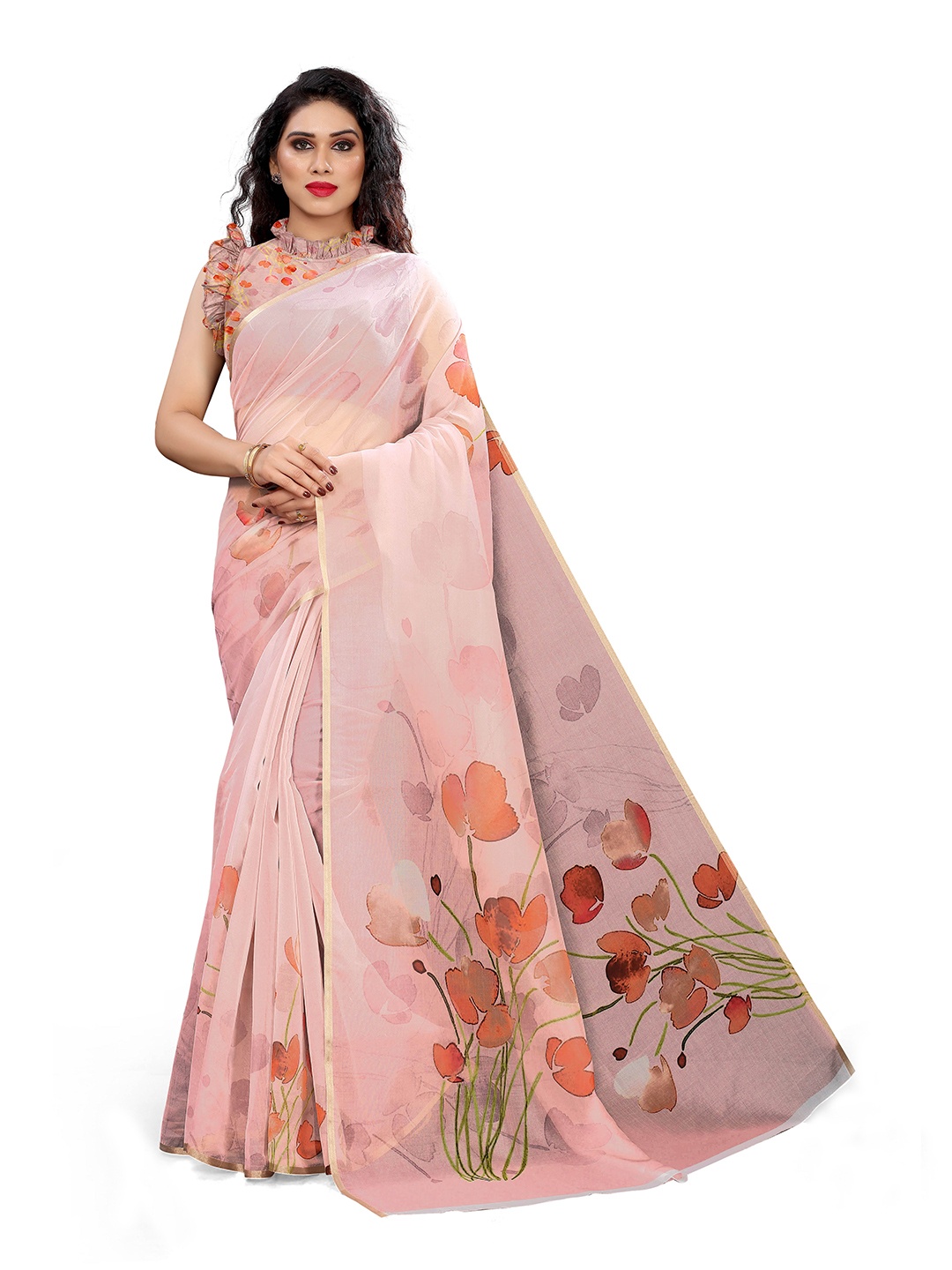 

MIRCHI FASHION Pink & Orange Floral Organza Bagh Saree
