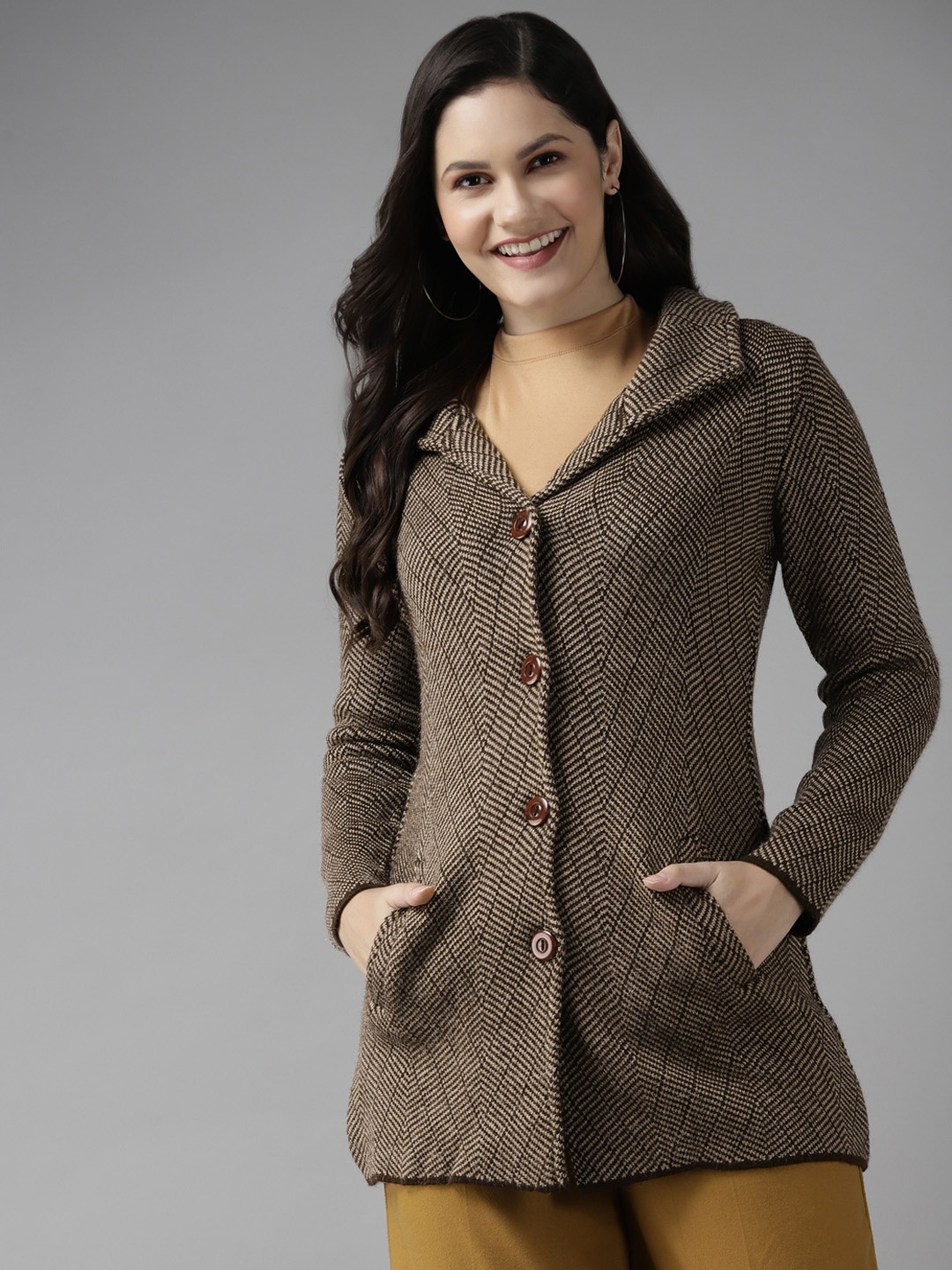 

Cayman Women Brown & Beige Self Designed Overcoat