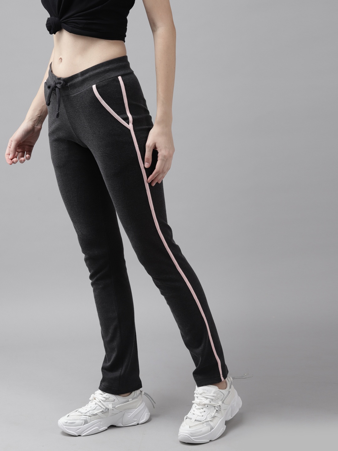 

Cayman Women Charcoal Grey Solid Pure Cotton Straight Fit Track Pants With Side Stripes