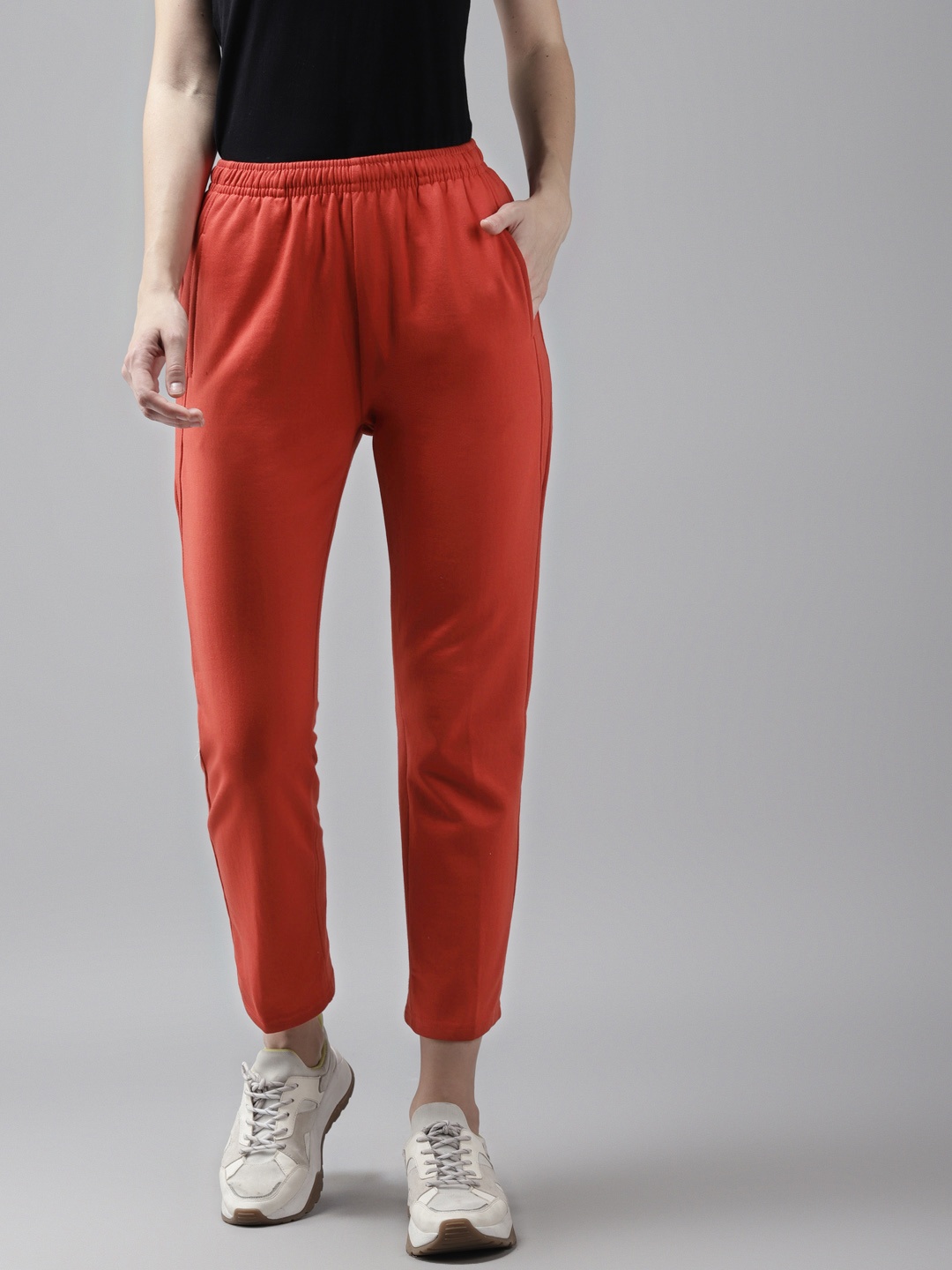 

Cayman Women Rust Orange Solid Pure Cotton Straight Fit Cropped Track Pants