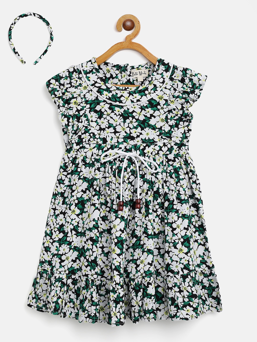 

Bella Moda Girls White & Green Floral Print Fit & Flare Dress with Briefs & Headband