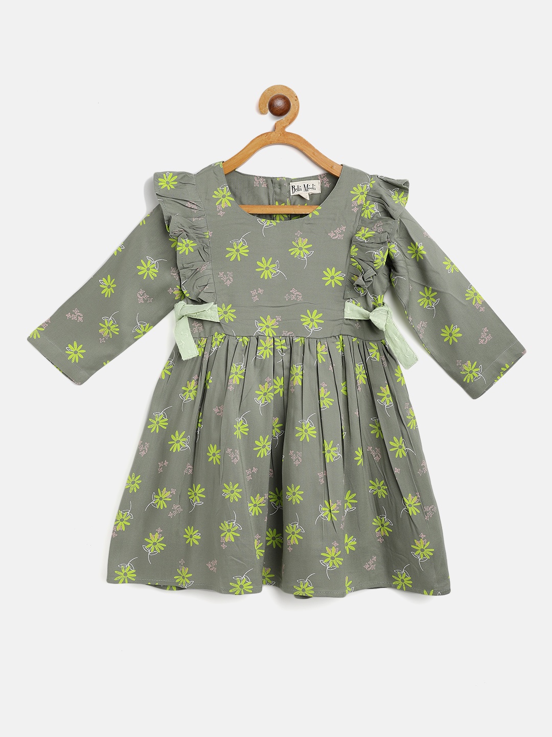 

Bella Moda Girls Grey & Lime Green Floral Print Fit and Flare Dress with Tie-ups