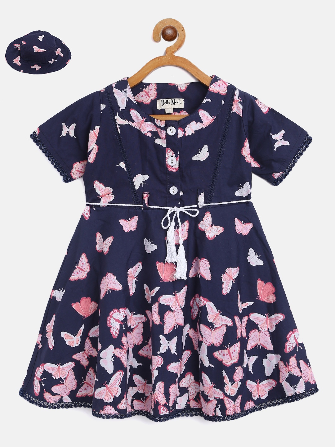 

Bella Moda Girls Navy Blue & Pink Printed Fit & Flare Dress with Bucket Hat & Belt