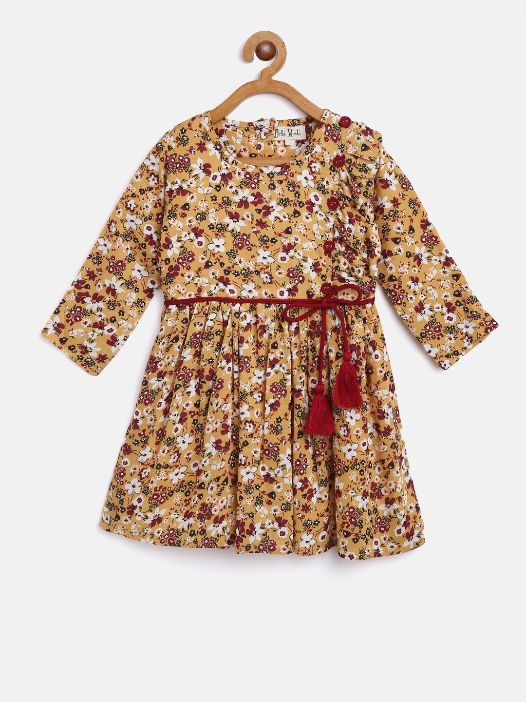 

Bella Moda Girls Yellow & Maroon Floral Print Fit and Flare Dress