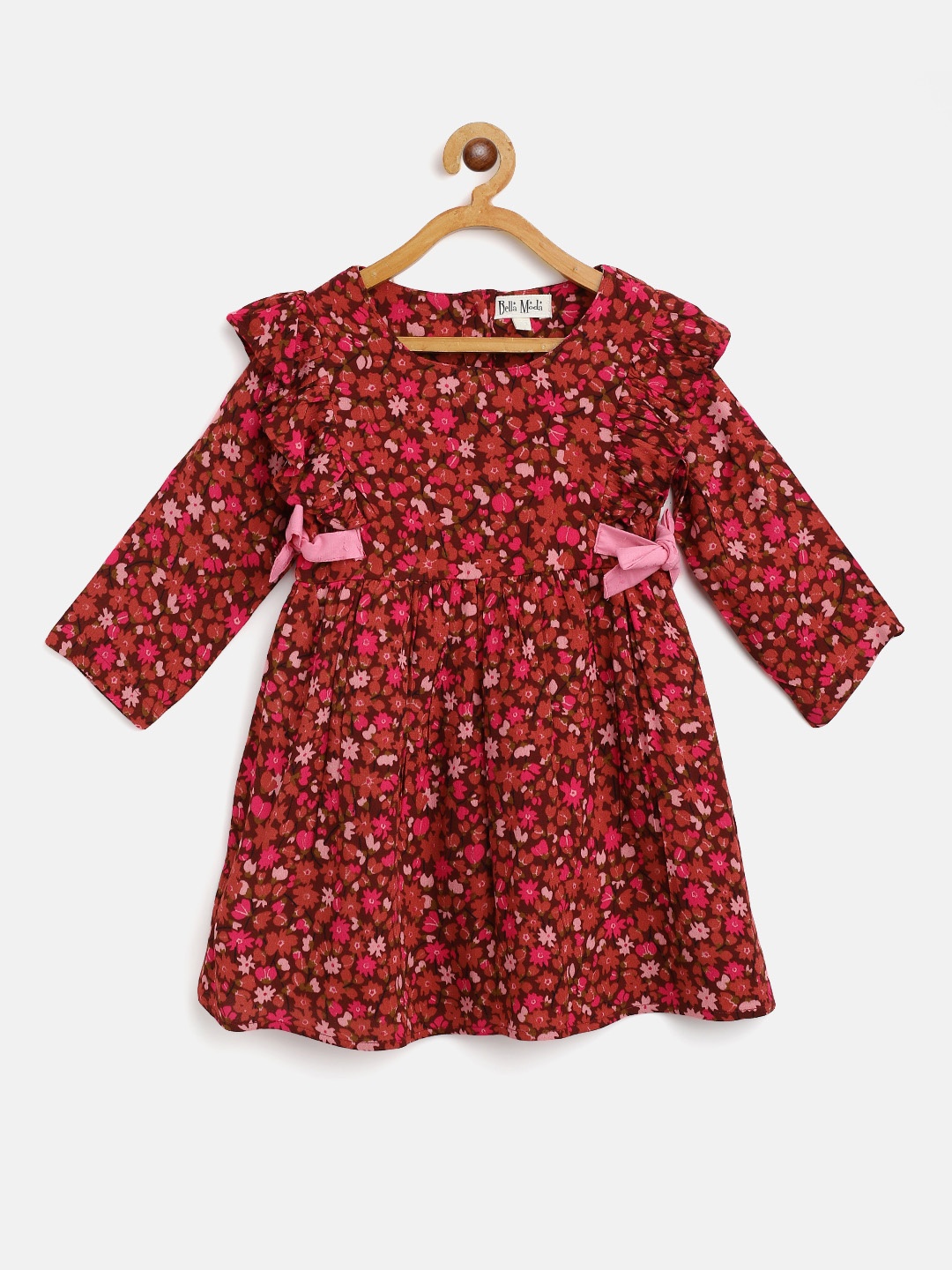 

Bella Moda Girls Coffee Brown & Pink Floral Print Ruffle Fit & Flare Dress