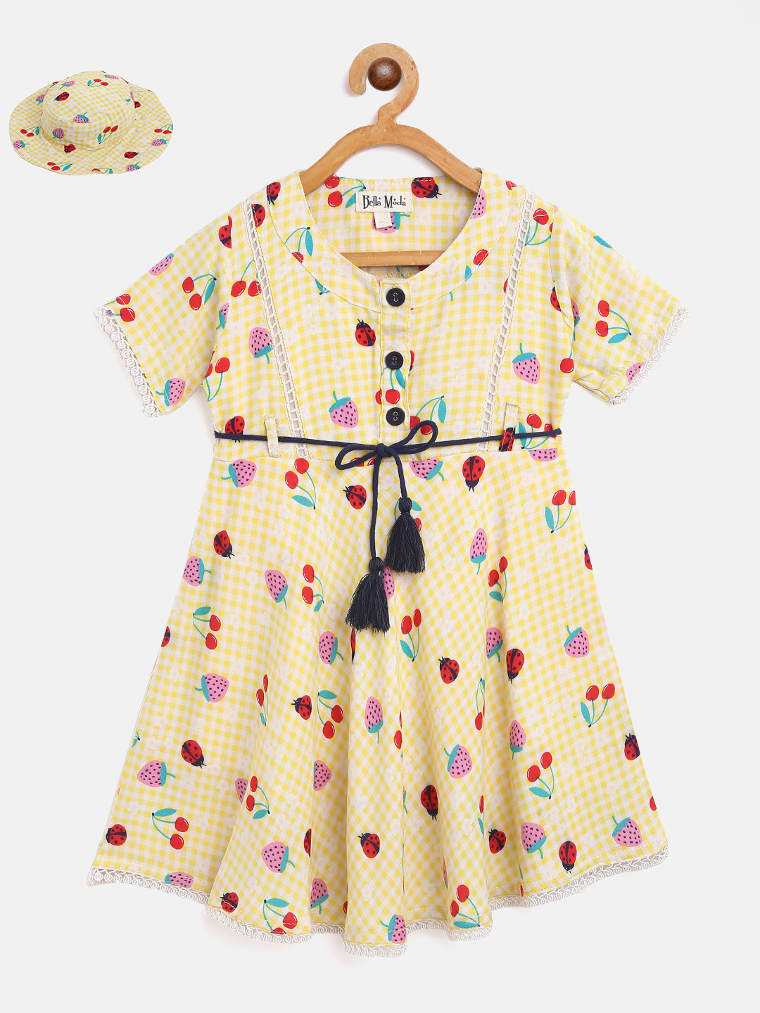 

Bella Moda Girls Yellow & White Printed Fit & Flare Dress with Bucket Hat & Belt