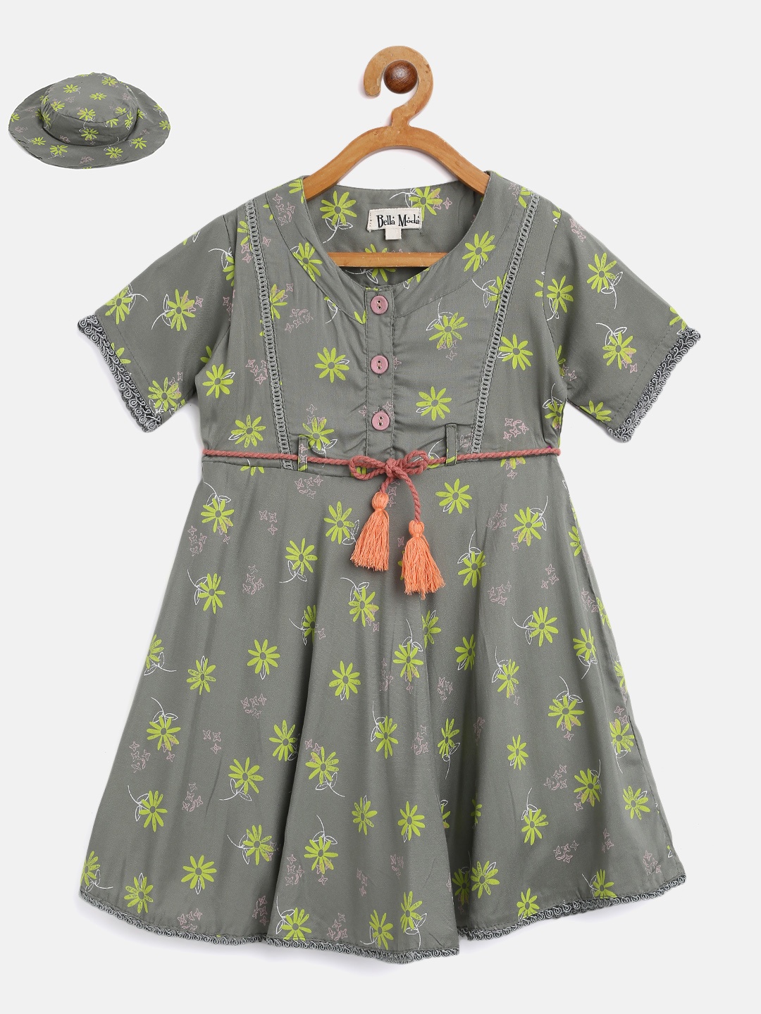 

Bella Moda Girls Grey & Lime Green Floral Print Fit and Flare Dress with Belt & Hat