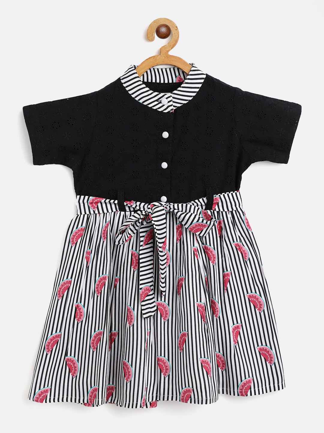 

Bella Moda Girls Black & White Striped Schiffi Embroidered Fit & Flare Dress