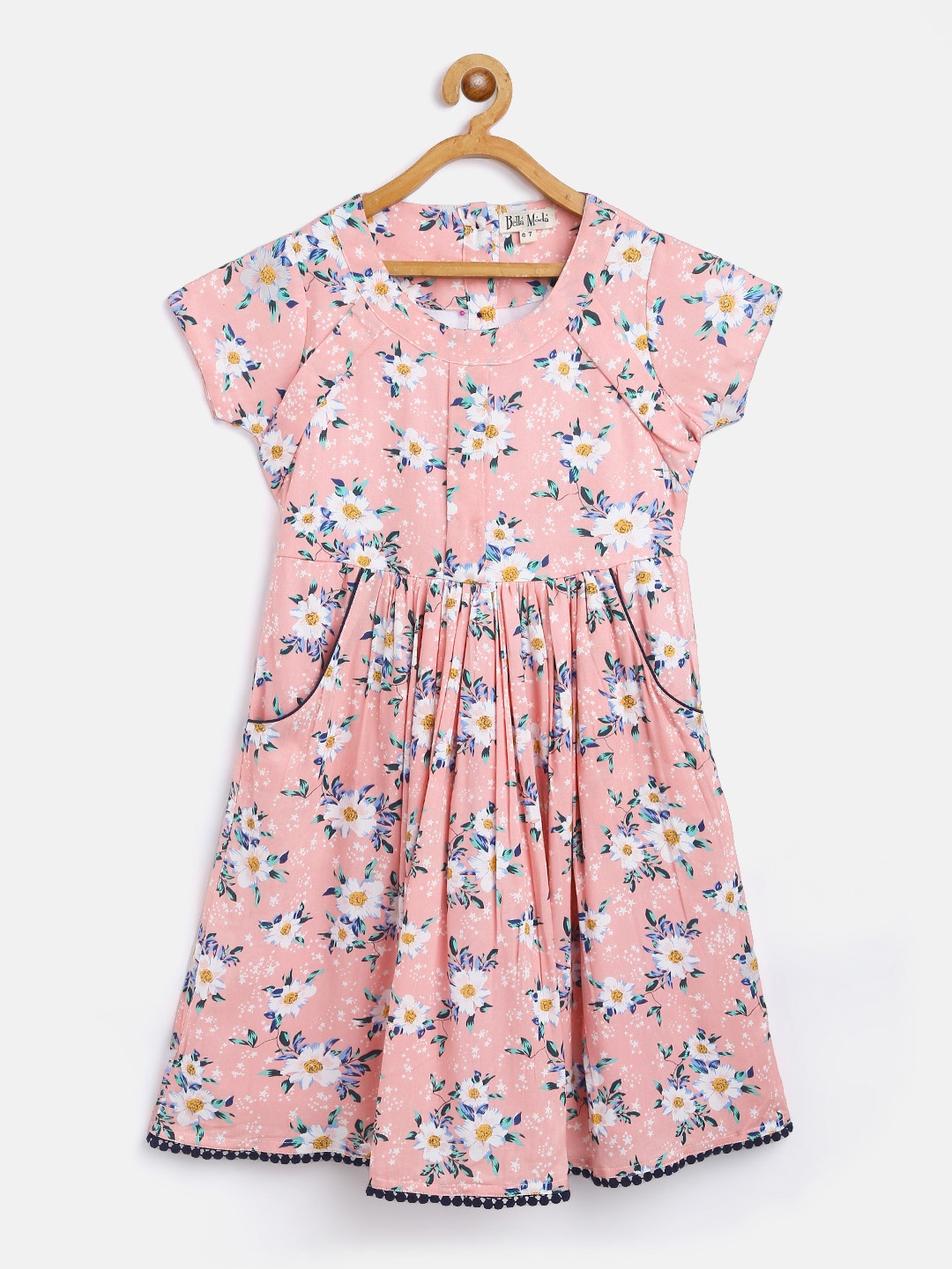 

Bella Moda Girls Pink & White Pure Cotton Floral Printed Fit & Flare Dress