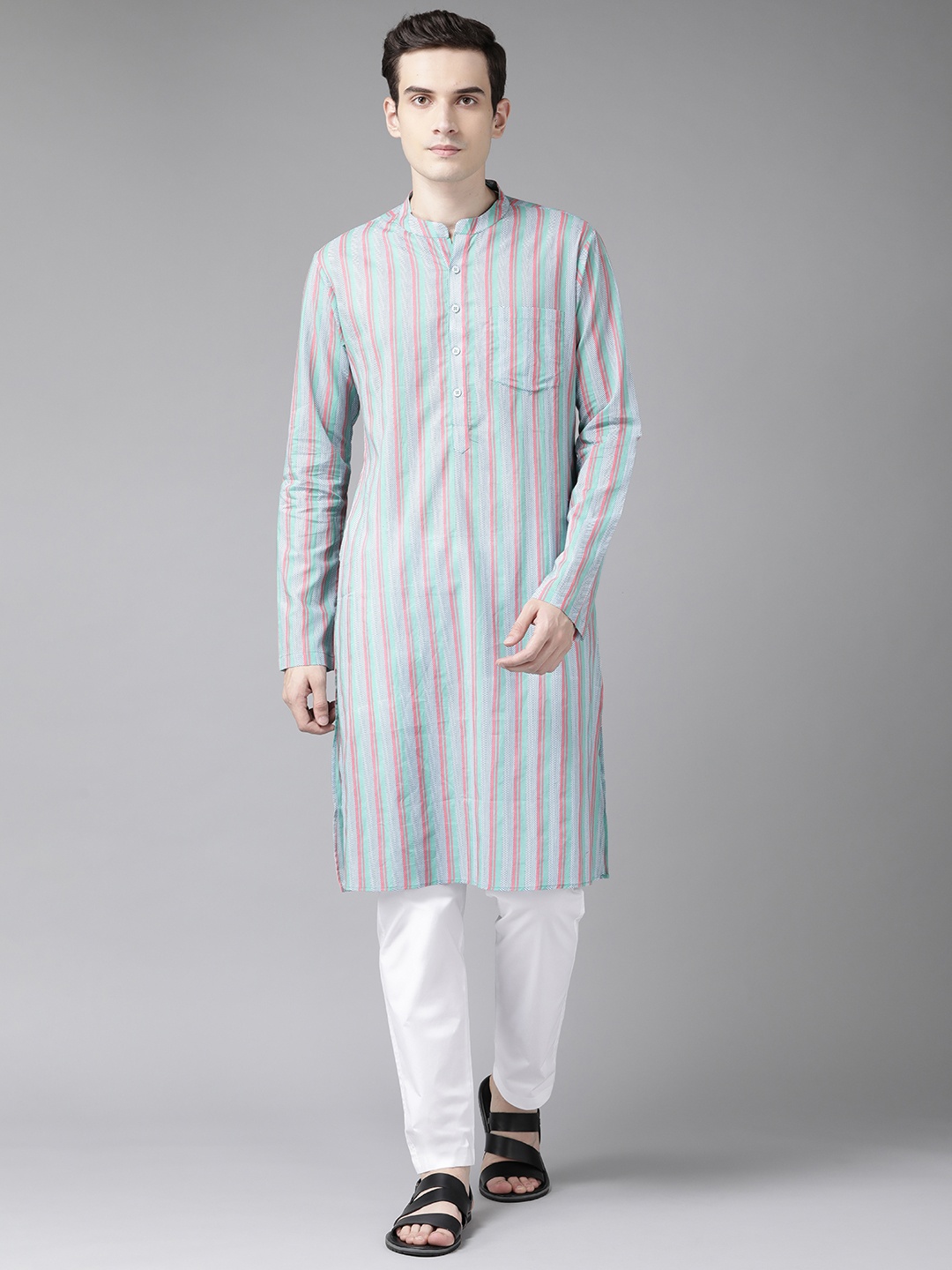 

See Designs Men Green Striped Pure Cotton Kurta with Trousers