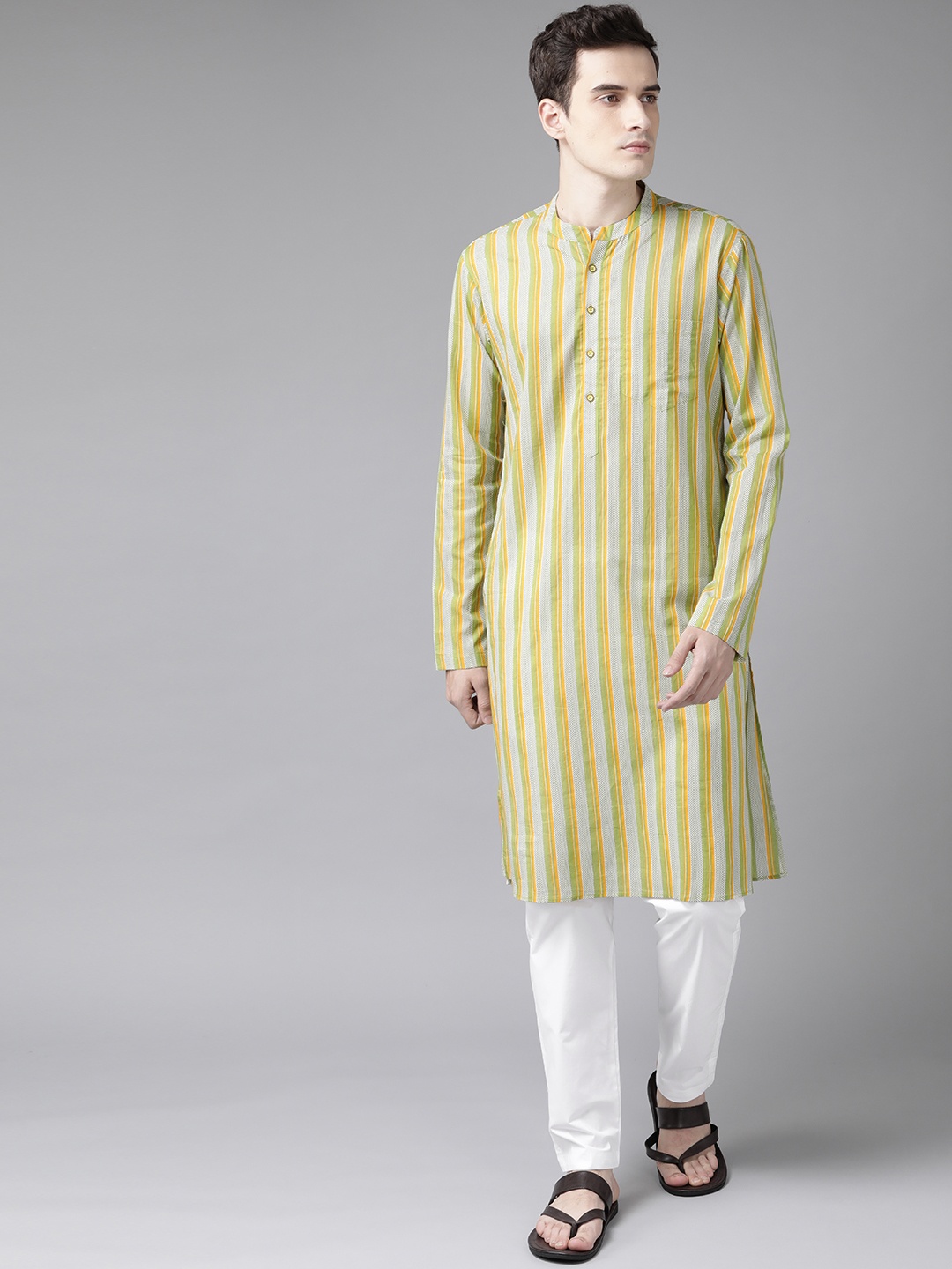 

See Designs Men Green Pure Cotton Striped Regular Kurta with Trousers
