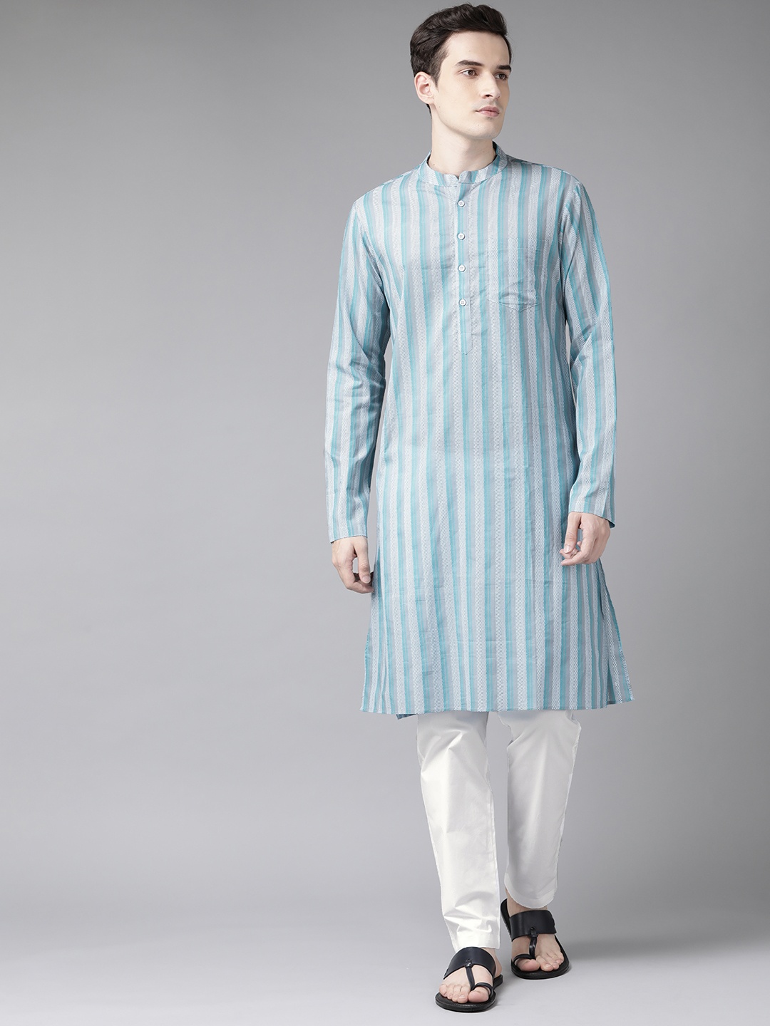 

See Designs Men Blue Striped Pure Cotton Kurta with Trousers