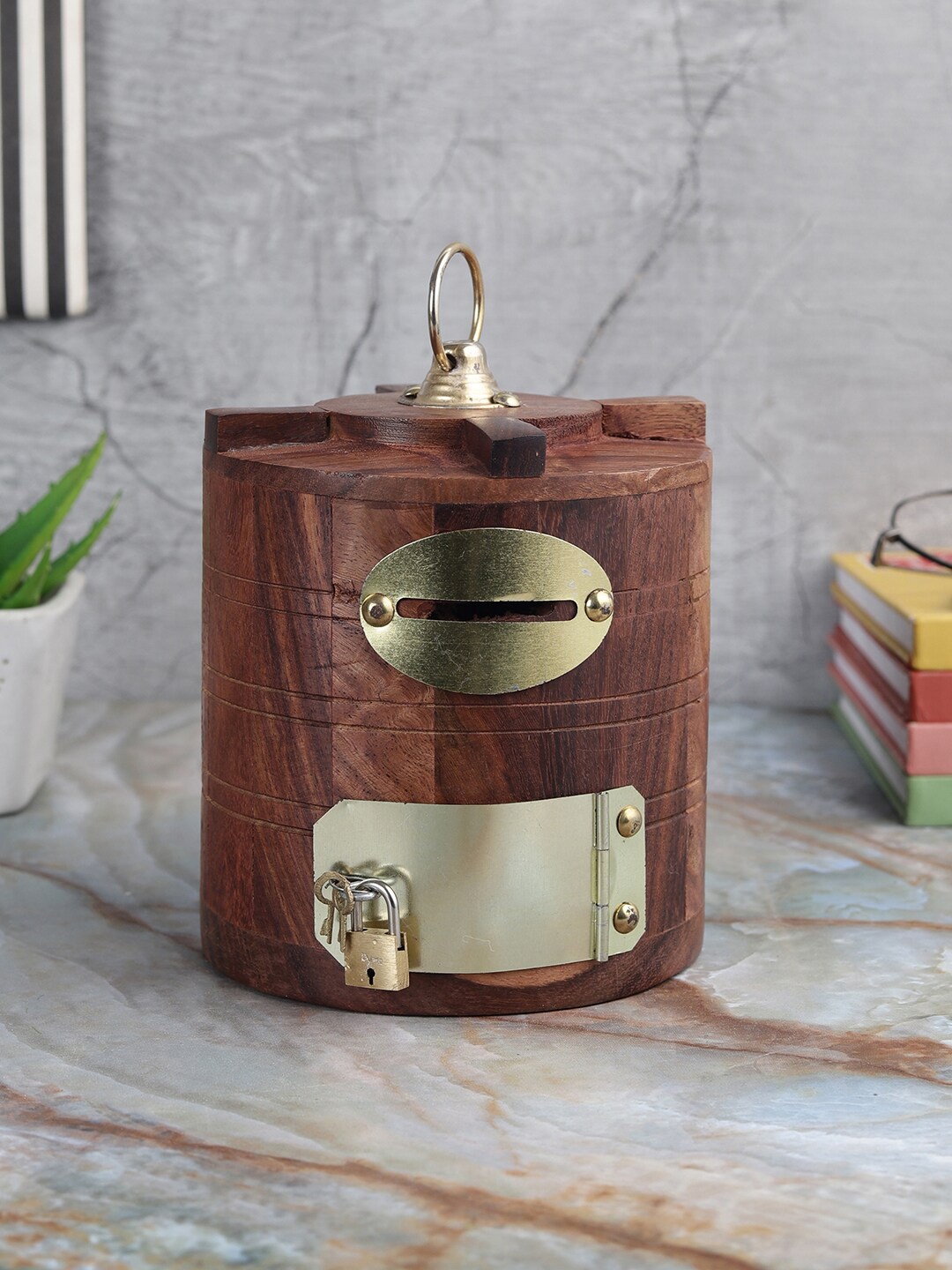 

EXIM DECOR Brown Vintage Wooden Tank Piggy Bank Showpiece